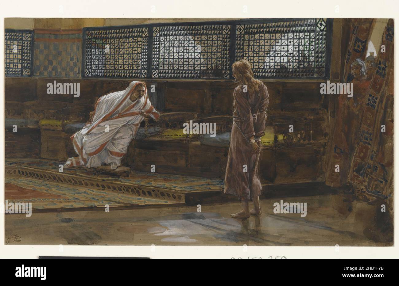 Jesus Before Pilate, First Interview, Jésus devant Pilate. Premier entretien., The Life of Our Lord Jesus Christ, La Vie de Notre-Seigneur Jésus-Christ, James Tissot, French, 1836-1902, Opaque watercolor over graphite on gray wove paper, France, 1886-1894, Image: 6 5/8 x 11 1/4 in., 16.8 x 28.6 cm, accused, Bible, Biblical, Catholicism, Christ, Christianity, creepy christian stories, French, God, guilt, hate, Hebrew, Jesus, Jewish, John 18:29-38, Religion, Religious Stock Photo