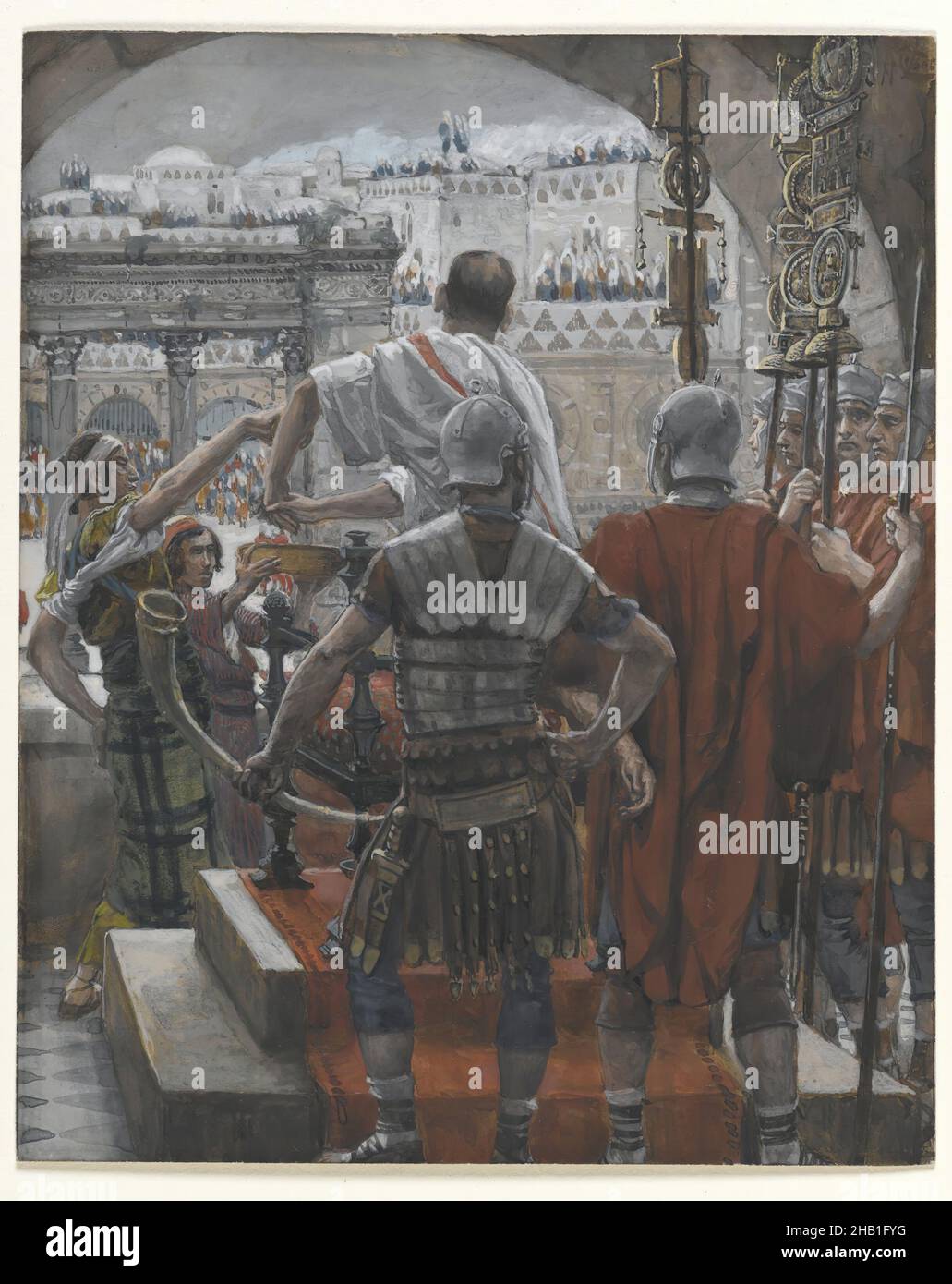 Pilate Washes His Hands, Pilate se lave les mains, The Life of Our Lord Jesus Christ, La Vie de Notre-Seigneur Jésus-Christ, James Tissot, French, 1836-1902, Opaque watercolor over graphite on gray wove paper, France, 1886-1894, Image: 6 1/4 x 5 1/8 in., 15.9 x 13 cm, 1886-1894, armor, Christ, Christianity, columns, crucifiction, gate, guilt, hands, horn, James Tissot, Jesus, Matthew 27:24-25, New Testament, Opaque watercolor over graphite on gray wove paper, painting, Pilate, Pilate Washes His Hands (Pilate se lave les mains), Pontius Pilate, religion, Roman, standards, Tissot, washing Stock Photo