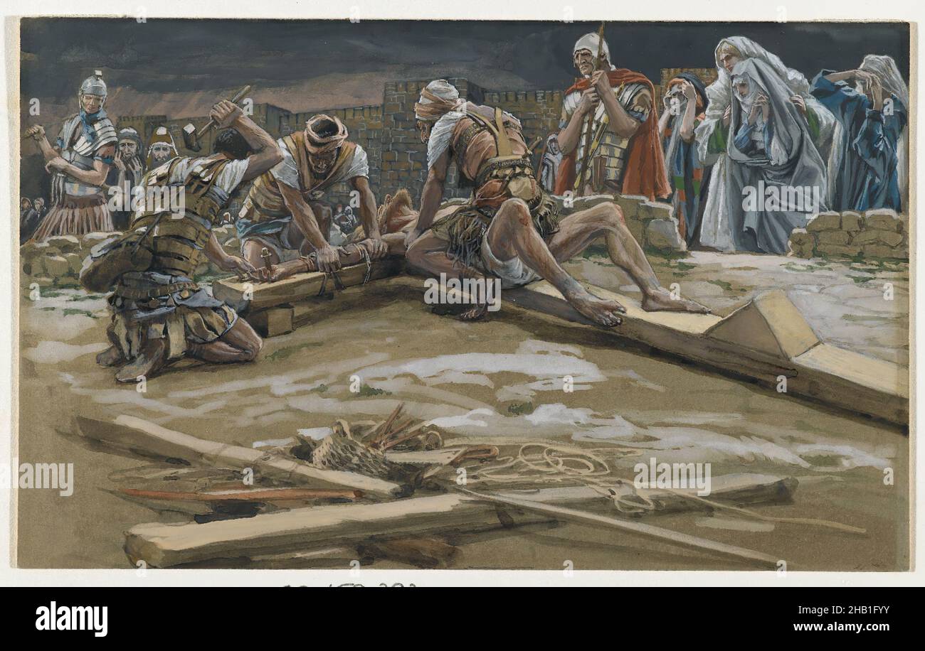 The First Nail, Le premier clou, The Life of Our Lord Jesus Christ, La Vie de Notre-Seigneur Jésus-Christ, James Tissot, French, 1836-1902, Opaque watercolor over graphite on gray wove paper, France, 1886-1894, Image: 7 13/16 x 12 11/16 in., 19.8 x 32.2 cm, brick, Catholicism, Christianity, cross, crucifiction, Crucifix, hammer, Jesus, Mark 15:25, Messiah, nail, painful, religious art, Roman, rope, solider, Stations of the Cross, torture, wall Stock Photo