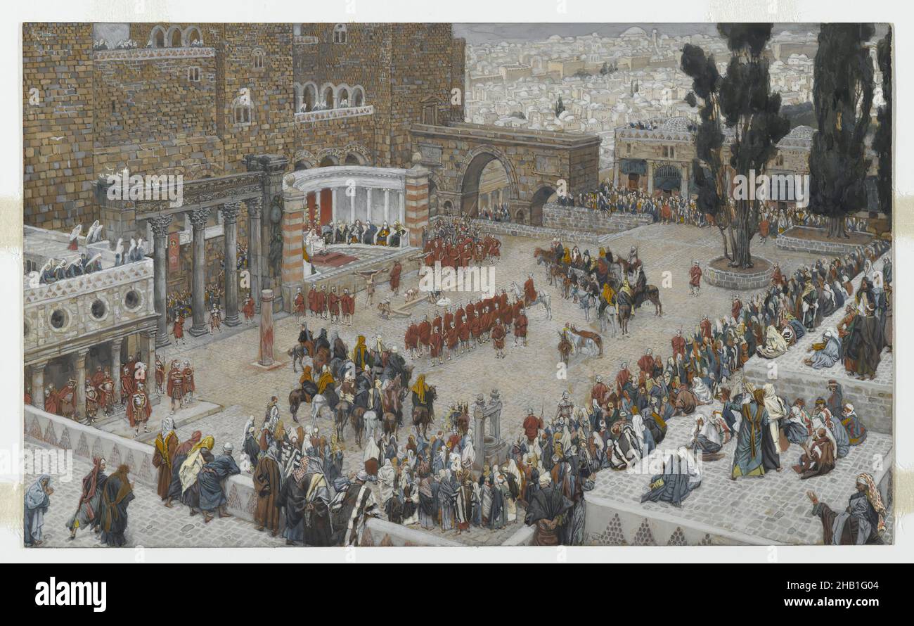 Bird's-Eye View of the Forum: Jesus Hears His Death Sentence, Le Forum 'vu à vol d'oiseau.' Jésus entend sa condamnation à mort, The Life of Our Lord Jesus Christ, La Vie de Notre-Seigneur Jésus-Christ, James Tissot, French, 1836-1902, Opaque watercolor over graphite on gray wove paper, France, 1886-1894, Image: 6 15/16 x 11 9/16 in., 17.6 x 29.4 cm, Christ, Christianity, death, Easter, French, French artist, jesus, Jesus Christ, New Testament, religion, religious, Roman, watercolor Stock Photo