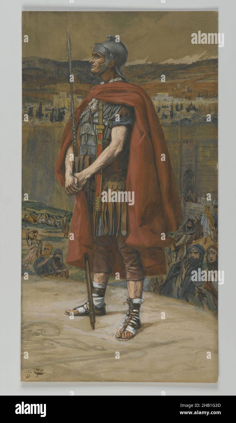 The Centurion, Le Centurion, The Life of Our Lord Jesus Christ, La Vie de Notre-Seigneur Jésus-Christ, James Tissot, French, 1836-1902, Opaque watercolor over graphite on gray wove paper, France, 1886-1894, Image: 9 13/16 x 5 3/16 in., 24.9 x 13.2 cm, 19th Century, armor, Cape, centurion, Christ, Christianity, French, helmet, James Tissot, Jesus, lance, Life of Christ, Luke 23:47, Man, New Testament, painting, religion, religious, Roman, soldier, The Centurion, Tissot, Tissot, James, Watercolor Stock Photo