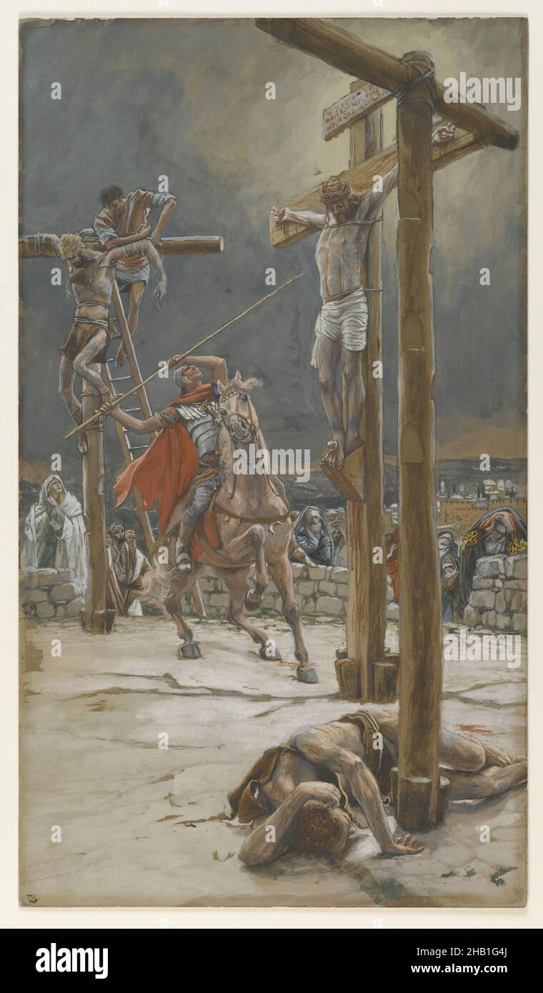 The Strike of the Lance, Le coup de lance, The Life of Our Lord Jesus Christ, La Vie de Notre-Seigneur Jésus-Christ, James Tissot, French, 1836-1902, Opaque watercolor over graphite on gray wove paper, France, 1886-1894, Image: 14 3/8 x 8 3/16 in., 36.5 x 20.8 cm, Bible, Biblical, Catholicism, Christ, Christianity, crucifix, death, French, God, Jesus, John 19:33-37, martyre, messiah, New Testament, pain, Religion, religiosity, Religious, stations of the cross Stock Photo
