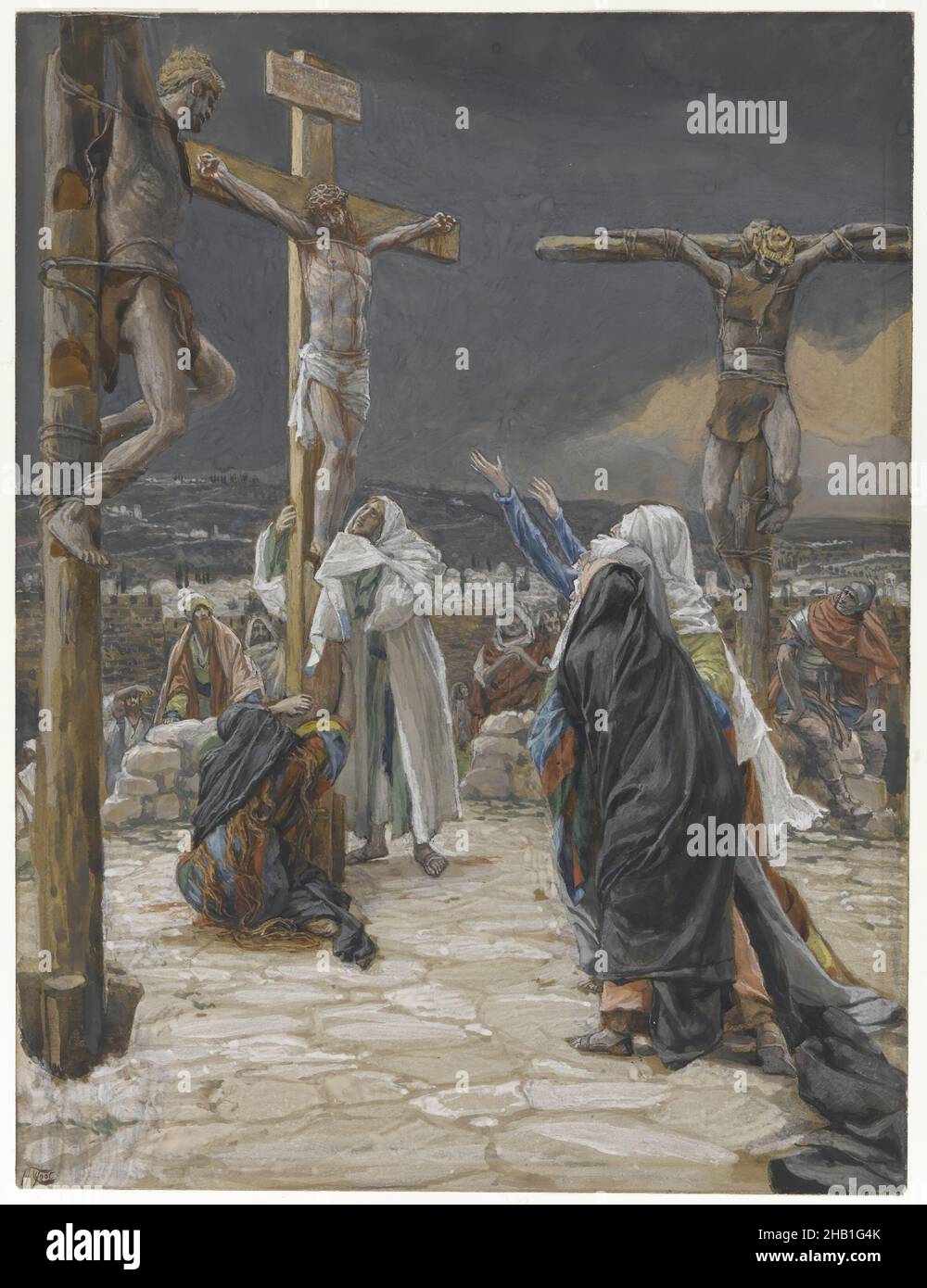 The Death of Jesus, La mort de Jésus, The Life of Our Lord Jesus Christ, La Vie de Notre-Seigneur Jésus-Christ, James Tissot, French, 1836-1902, Opaque watercolor over graphite on gray wove paper, France, 1886-1894, Image: 9 9/16 x 7 1/4 in., 24.3 x 18.4 cm, Bible, Calvary, chirstian, Christ, Christianity, cross, crucifix, crucifixion, crucify, death, Easter, french, french watercolor, god, Gospel Harmony, graphite, grief, James Tissot, Jesus, jesus christ, John 19:30, La mort, Life of Christ, Magdalene, Mary, new testament, pain, pray, religion, religious, religious art, sacrifice, suffering Stock Photo
