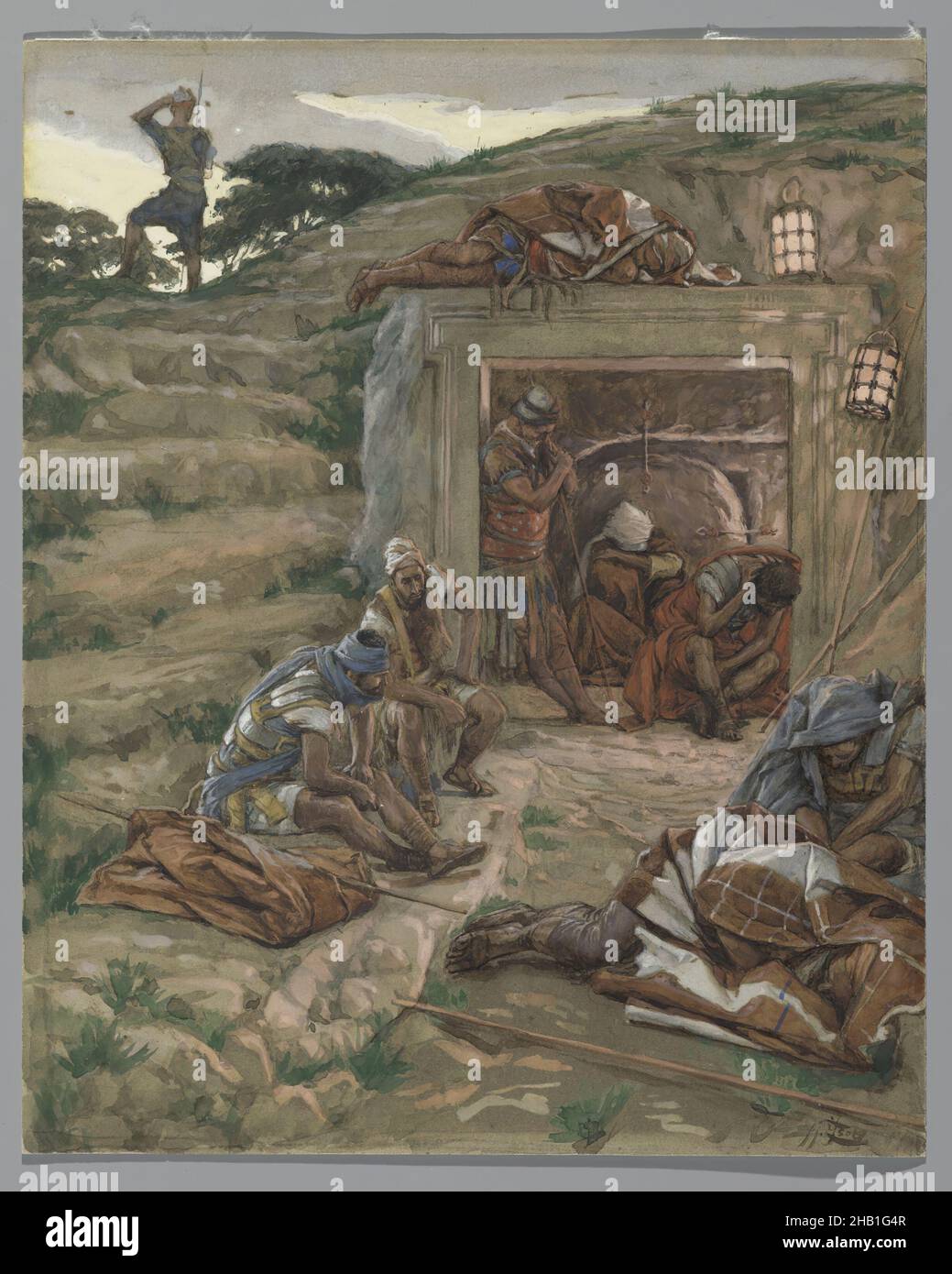 The Watch Over the Tomb, La garde du Tombeau, The Life of Our Lord Jesus Christ, La Vie de Notre-Seigneur Jésus-Christ, James Tissot, French, 1836-1902, Opaque watercolor over graphite on gray wove paper, France, 1886-1894, Image: 10 5/8 x 8 5/8 in., 27 x 21.9 cm, cave, french, graphite, guard, hill, James Tissot, Jesus, Matthew 27:22-26, Matthew 27:65-66, men, secure, sleep, soldiers, Tissot, tomb, watch, watercolor, wove paper Stock Photo