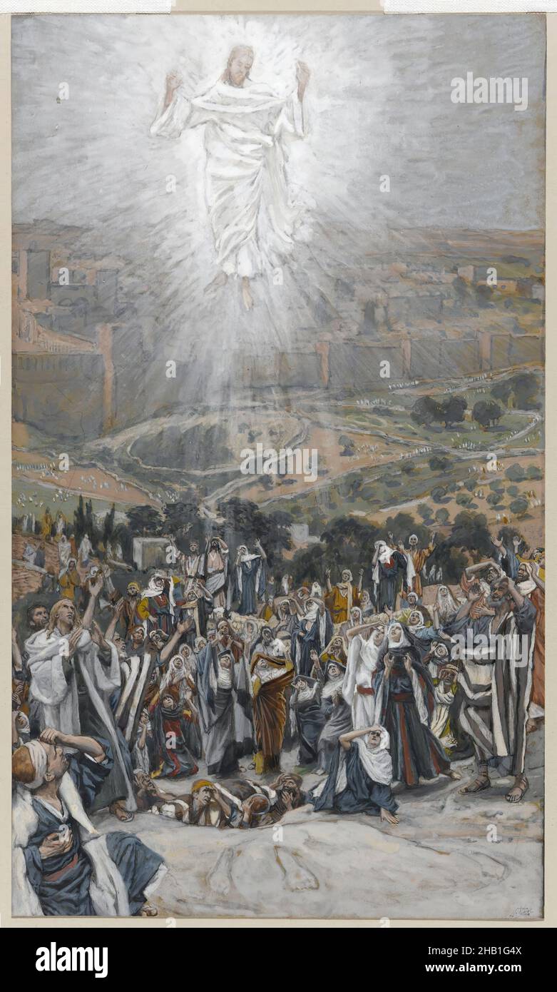The Ascension, L'Ascension, The Life of Our Lord Jesus Christ, La Vie de Notre-Seigneur Jésus-Christ, James Tissot, French, 1836-1902, Opaque watercolor over graphite on gray wove paper, France, 1886-1894, Image: 9 7/8 x 5 13/16 in., 25.1 x 14.8 cm, awe, Bible, Biblical, brainwash, Catholicism, Christ, Christianity, feet, French, glow, God, hallucinate, Jesus, Life of Our Lord Jesus Christ, New testament, rays, Religion, Religious, sheep, wonder Stock Photo