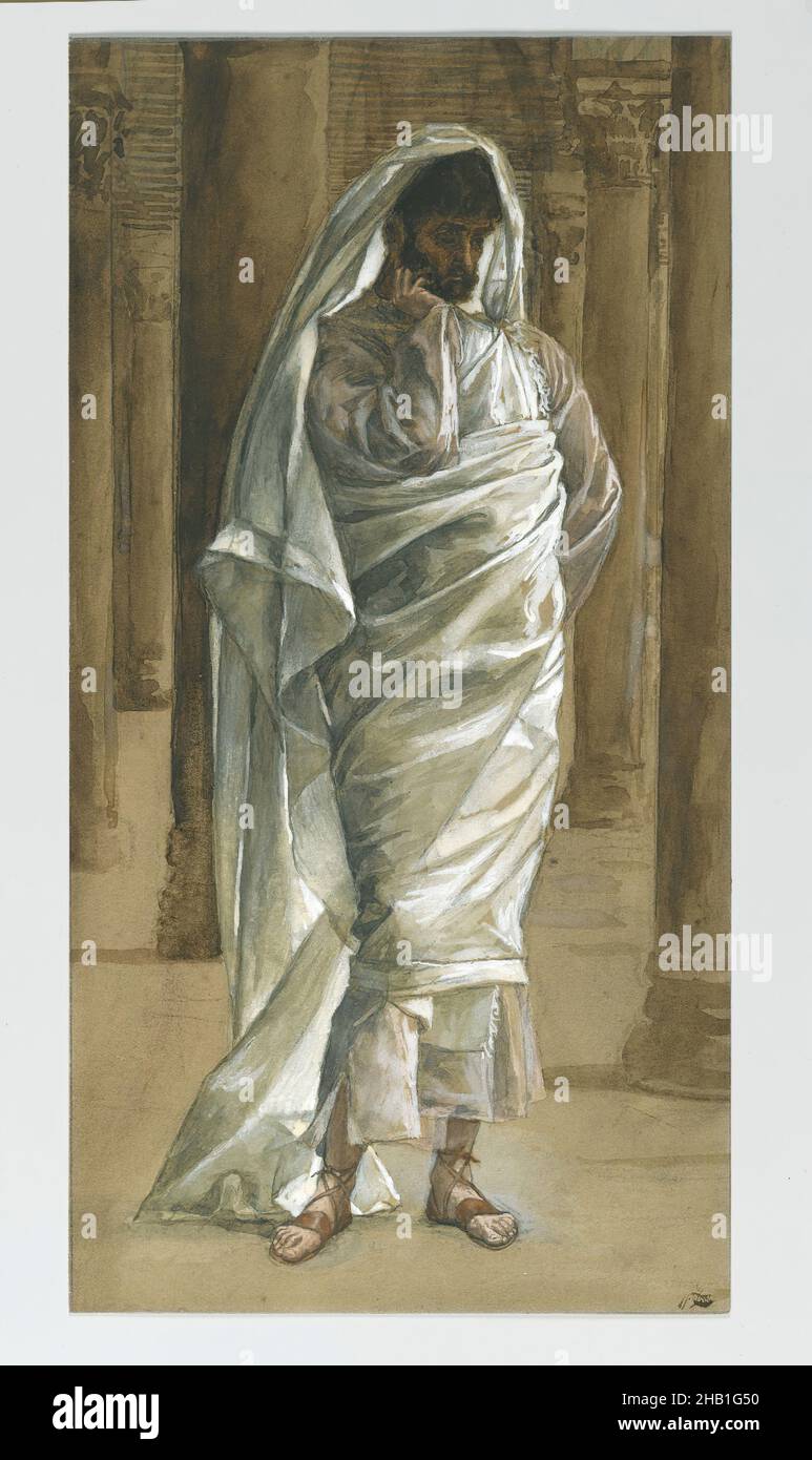 Saint Thomas, The Life of Our Lord Jesus Christ, La Vie de Notre-Seigneur Jésus-Christ, James Tissot, French, 1836-1902, Opaque watercolor over graphite on gray wove paper, France, 1886-1894, Image: 12 13/16 x 6 5/16 in., 32.5 x 16 cm, apostle, bible, Chrisianity, column, disciple, doubter, doubting Thomas, draped robe, drapery, European, french, french watercolor, Gospel Harmony, graphite, James Tissot, Life of Christ, new testament, painting, pensive, religion, saint, Saint Thomas, saints, shroud, Thomas, Tissot, watercolor, wove paper Stock Photo