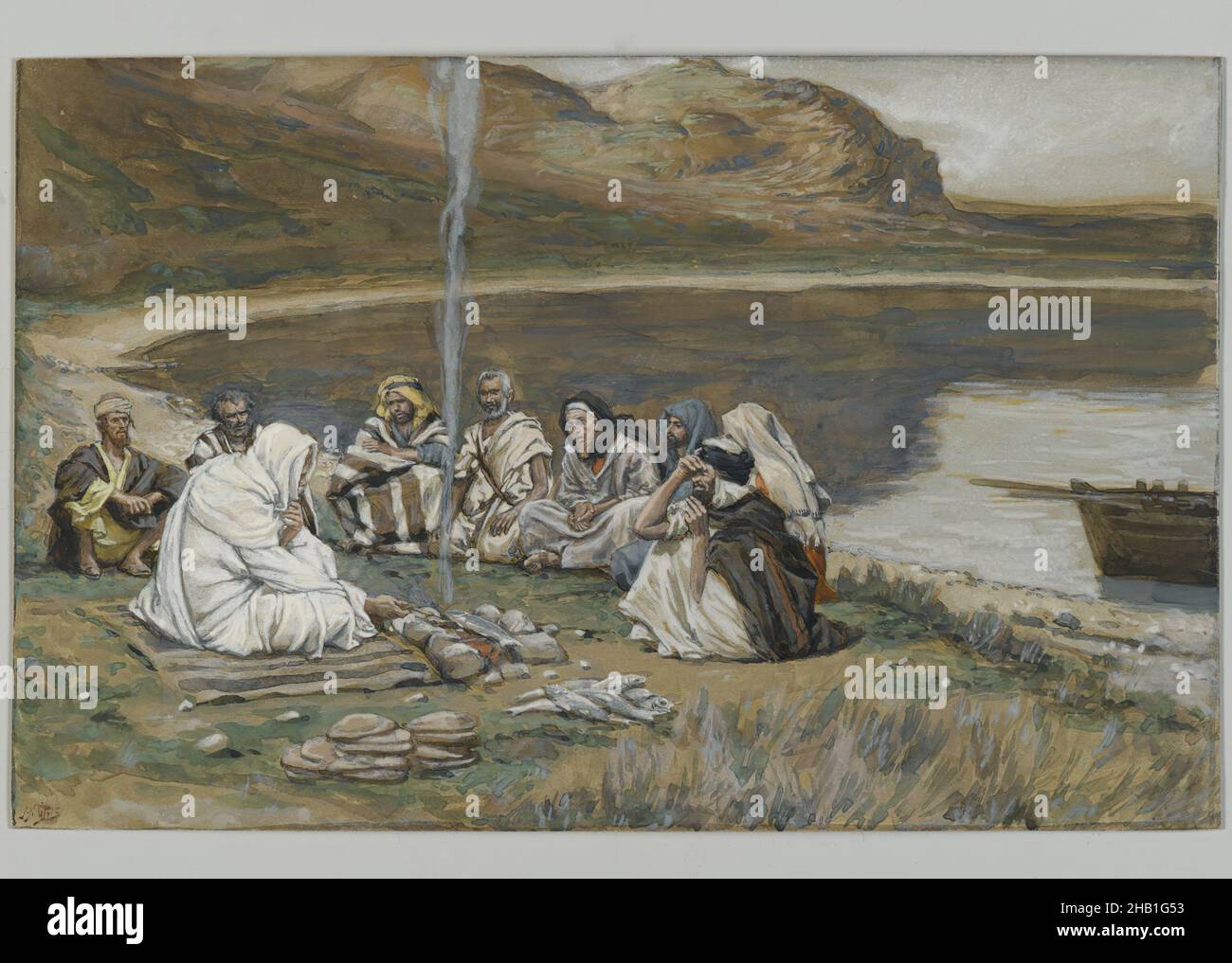 Meal of Our Lord and the Apostles, Repas de Notre-Seigneur et des apôtres, The Life of Our Lord Jesus Christ, La Vie de Notre-Seigneur Jésus-Christ, James Tissot, French, 1836-1902, Opaque watercolor over graphite on gray wove paper, France, 1886-1894, Image: 5 15/16 x 9 5/16 in., 15.1 x 23.7 cm, Apostles, Christianity, Jesus Christ, John 21:12-13, John 21:9, landscape, lifestyle, male figures, men, religious art, seated figures, water Stock Photo