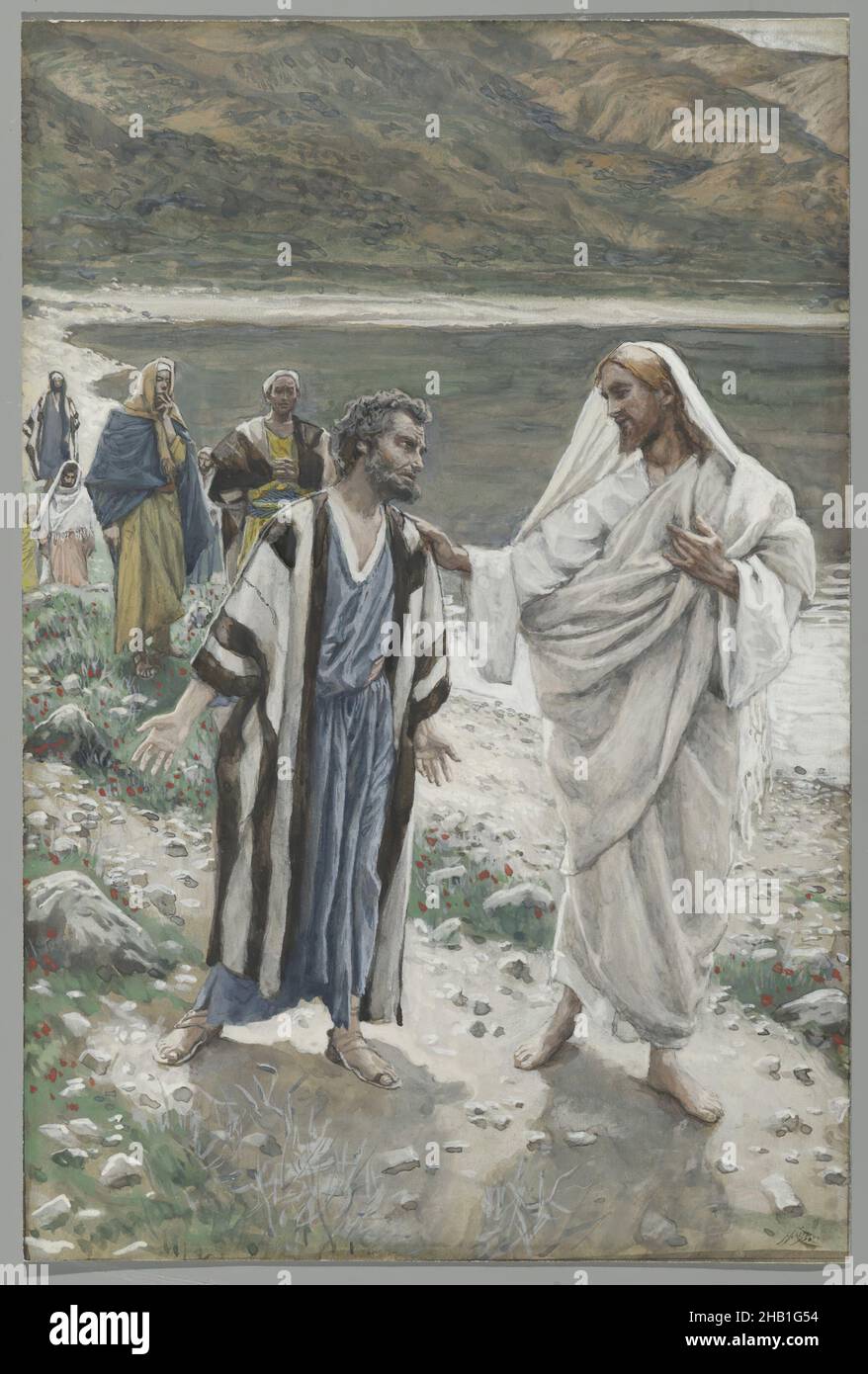 Feed My Lambs, Pais mes brebis, The Life of Our Lord Jesus Christ, La Vie de Notre-Seigneur Jésus-Christ, James Tissot, French, 1836-1902, Opaque watercolor over graphite on gray wove paper, France, 1886-1894, Image: 9 5/8 x 6 3/8 in., 24.4 x 16.2 cm, beach, christ, Christianity, compassion, French Art, jesus, Jesus Christ, John 21:15-19, lake, landscape, male figures, men, New Testament, religious art, shore, walking, water Stock Photo