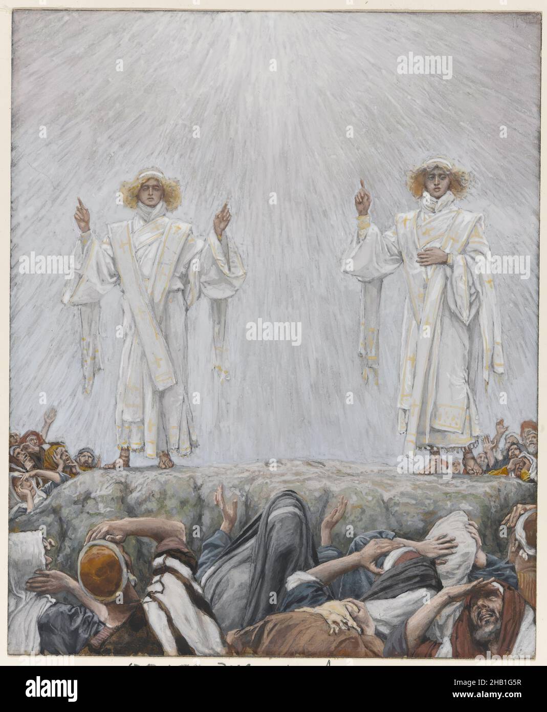 The Ascension, The Life of Our Lord Jesus Christ, La Vie de Notre-Seigneur Jésus-Christ, James Tissot, French, 1836-1902, Opaque watercolor over graphite on gray wove paper, France, 1886-1894, Image: 7 9/16 x 6 3/16 in., 19.2 x 15.7 cm, angel, disciples, Jesus Stock Photo