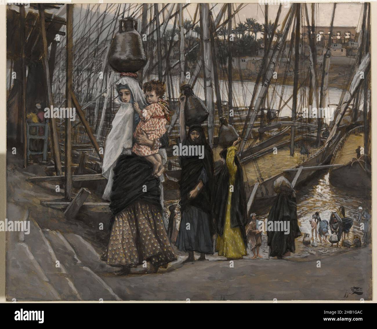 The Sojourn in Egypt, Le séjour en Égypte, The Life of Our Lord Jesus Christ, La Vie de Notre-Seigneur Jésus-Christ, James Tissot, French, 1836-1902, Opaque watercolor over graphite on gray wove paper, France, 1886-1894, Image: 6 11/16 x 8 3/16 in., 17 x 20.8 cm, Bible, Biblical, Catholicism, children, Christ, Christianity, egypt, escape, french, james tissot, Jesus, journey, Mary, Matthew 2:15, New Testament, Religion, Religious, sea, ship, sojourn, Tissot, travel, veil, water, women Stock Photo