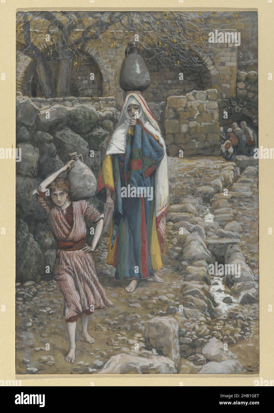 Jesus and his Mother at the Fountain, Jésus et sa mère à la fontaine, The Life of Our Lord Jesus Christ, La Vie de Notre-Seigneur Jésus-Christ, James Tissot, French, 1836-1902, Opaque watercolor over graphite on gray wove paper, France, 1886-1894, Image: 8 1/4 x 5 9/16 in., 21 x 14.1 cm, Bible, Biblical, Catholicism, Christ, Christianity, French, Jesus, labor, Luke 2:39-40, Madonna with Child, Mary, New Testament, Religion, Religious, religious art, rocks, Tissot, Virgin Mary, water, work, youth Stock Photo