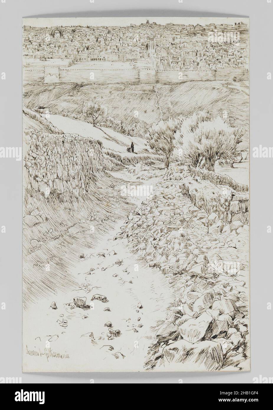 Road Leading from Gethsemane to the Mount of the Ascension, Chemin allant de Getsemani au mont de l'Ascension, The Life of Our Lord Jesus Christ, La Vie de Notre-Seigneur Jésus-Christ, James Tissot, French, 1836-1902, Pen and ink, 1886-1887 or 1889, Sheet: 7 1/4 x 4 11/16 in., 18.4 x 11.9 cm, black and white, drawing, IMLS, journey, landscape, path, rock, rocky road, stencil, Tissot, travel Stock Photo