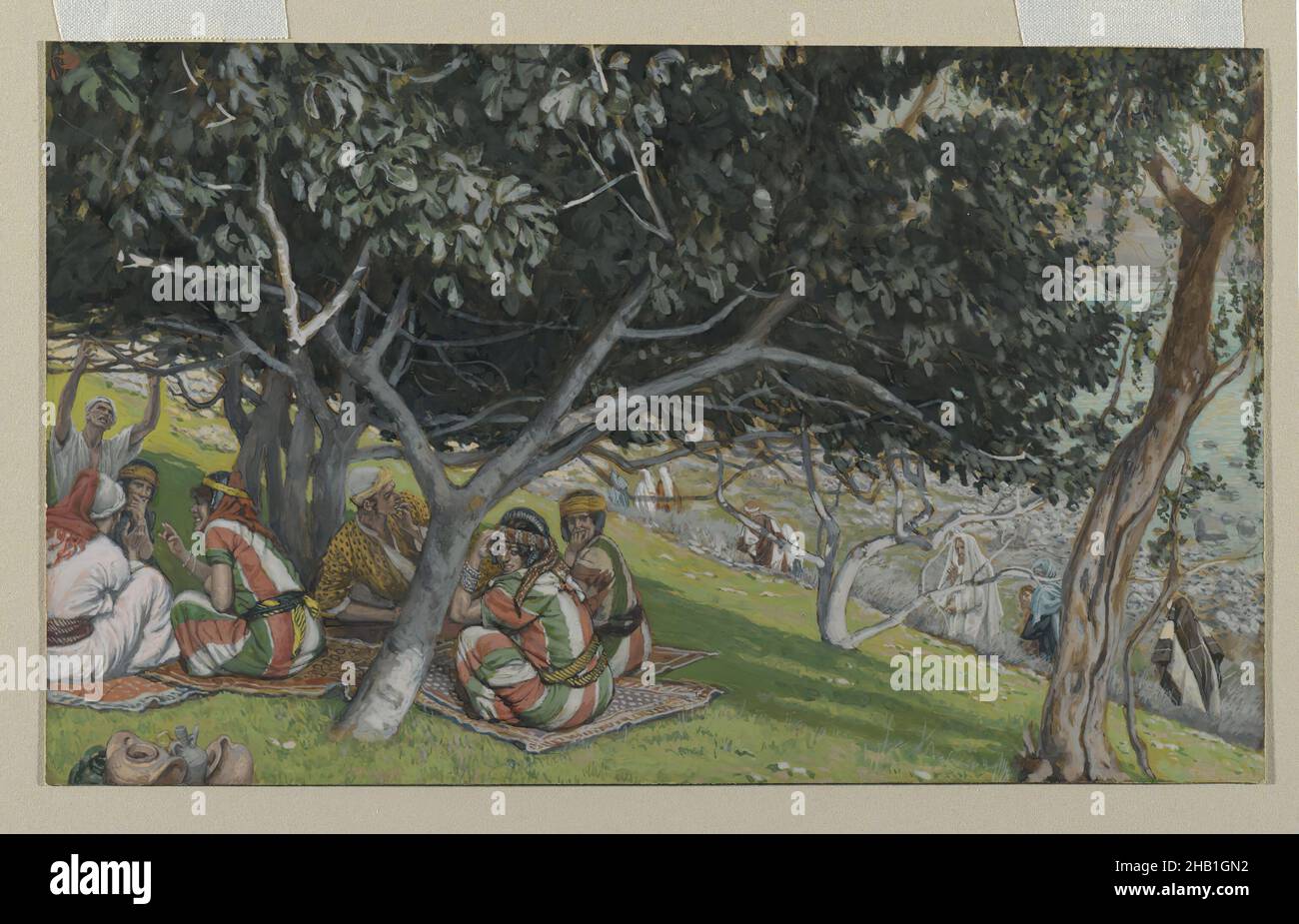 Nathaniel Under the Fig Tree, Nathanaël sous le figuier, The Life of Our Lord Jesus Christ, La Vie de Notre-Seigneur Jésus-Christ, James Tissot, French, 1836-1902, Opaque watercolor over graphite on gray wove paper, France, 1886-1894, Image: 6 5/16 x 10 7/16 in., 16 x 26.5 cm, Bartholomew, Bible, biblical, Catholicism, Christ, Christianity, French, God, Jesus, John 1:44-51, laborers, nathaniel, New Testament, picnic, Religion, Religious, stripes, Tissot, trees Stock Photo