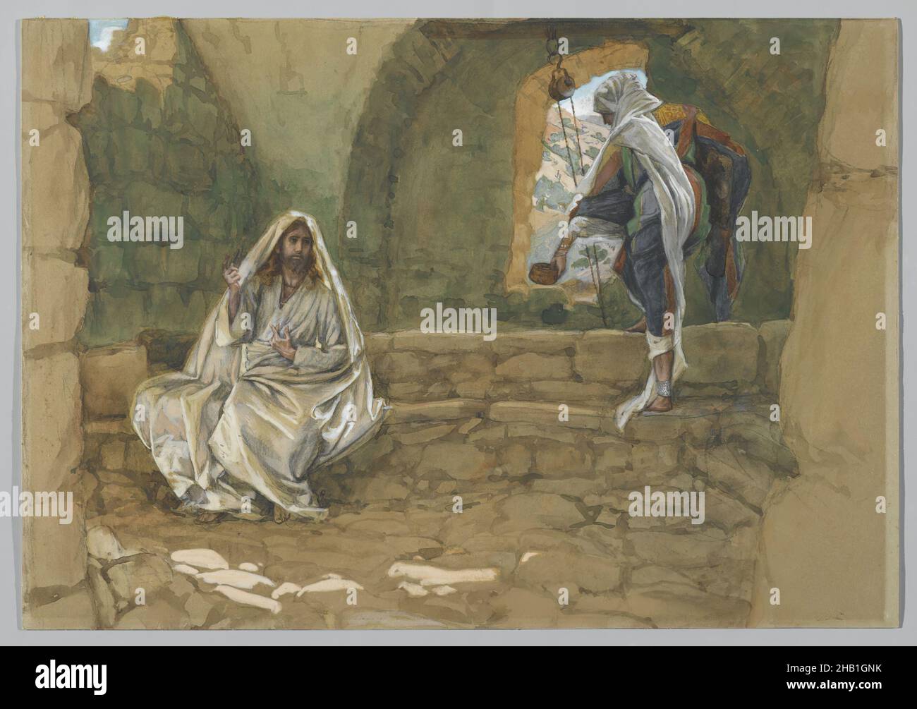 The Woman of Samaria at the Well, La Samaritaine à la fontaine, The Life of Our Lord Jesus Christ, La Vie de Notre-Seigneur Jésus-Christ, James Tissot, French, 1836-1902, Opaque watercolor over graphite on gray wove paper, France, 1886-1894, Image: 10 5/16 x 14 13/16 in., 26.2 x 37.6 cm, bible, christian stories, french, harlot, illustrations, Jesus, John 4:4-14, new testament, religious, religious art, steps, story, Tissot, water, watercolor Stock Photo