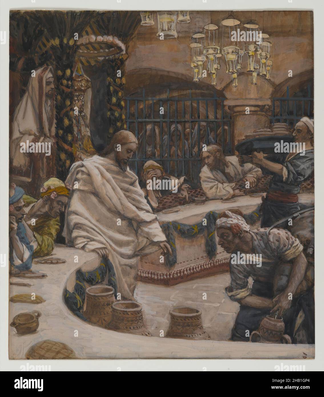 The Marriage at Cana, Les noces de Cana, The Life of Our Lord Jesus Christ, La Vie de Notre-Seigneur Jésus-Christ, James Tissot, French, 1836-1902, Opaque watercolor over graphite on gray wove paper, France, 1886-1894, Image: 8 15/16 x 7 13/16 in., 22.7 x 19.8 cm, Bible, Biblical, catholicism, Christ, Christianity, drapery, French, God, Jesus, John 2:6-11, lamp, marriage, messiah, miracle, New testament, parable, Religion, Religious, Tissot, urn, water, wine Stock Photo