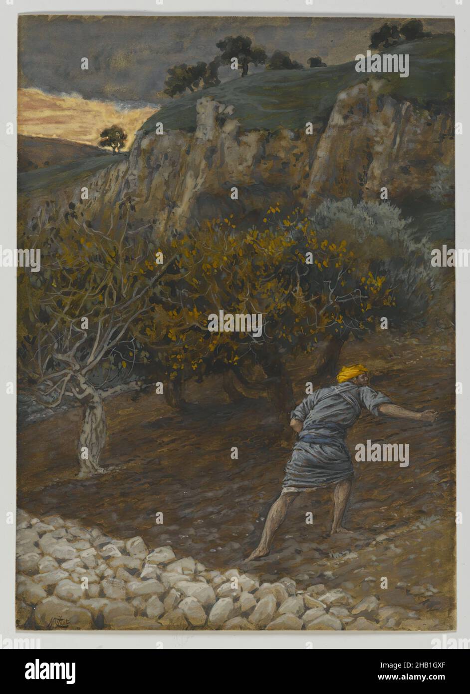 The Enemy Who Sows, L'Ennemi qui sème, The Life of Our Lord Jesus Christ, La Vie de Notre-Seigneur Jésus-Christ, James Tissot, French, 1836-1902, Opaque watercolor over graphite on gray wove paper, France, 1886-1894, Image: 8 3/8 x 6 in., 21.3 x 15.2 cm, Bible, Biblical, Catholicism, Christianity, color, danger, evil, French, French artist, graphite, James, landscape, Matthew 13:24-30, mountains, New Testament, Religion, religious, sows, Tissot, trees, water Stock Photo
