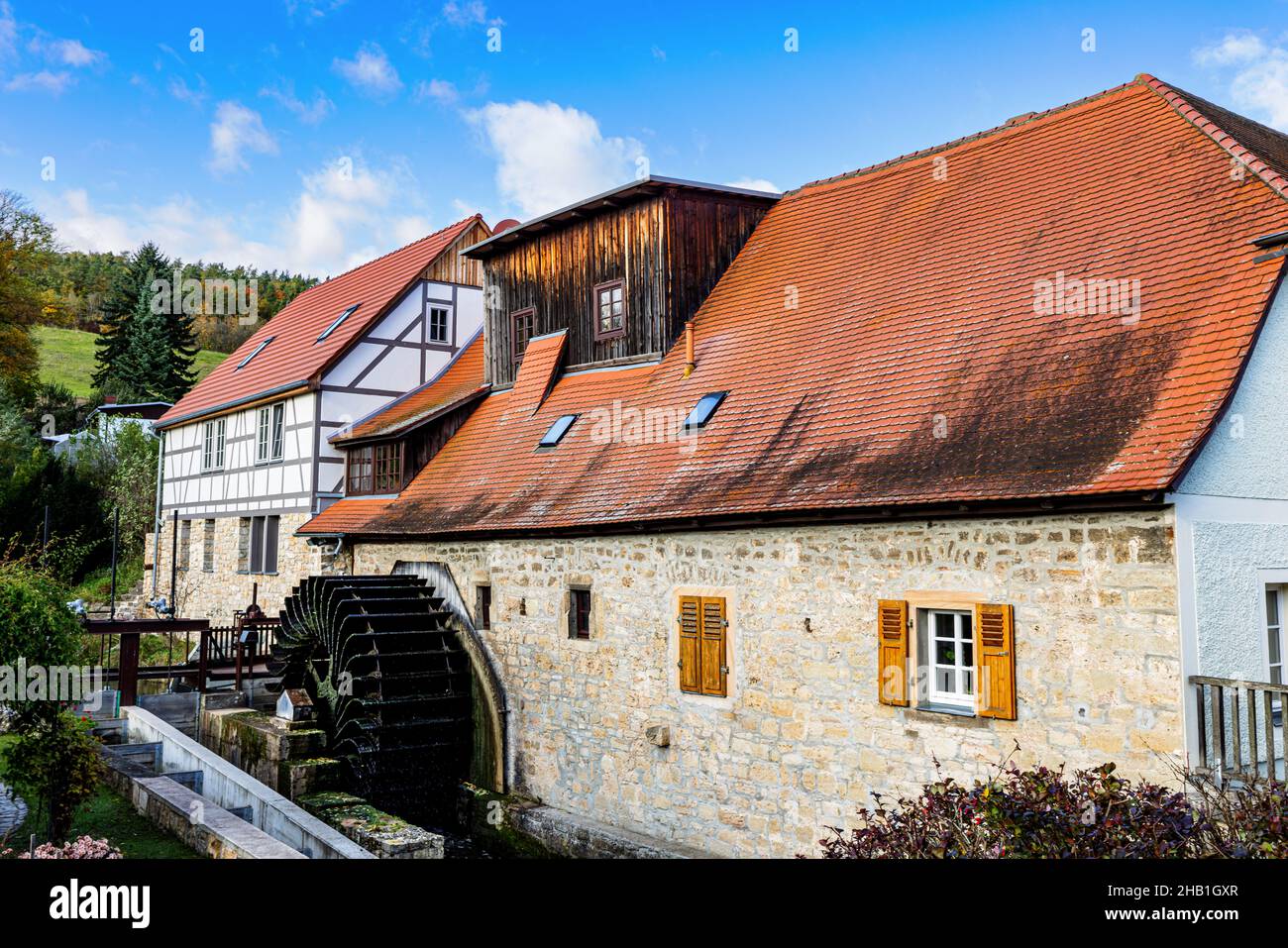 Historic water mill at the river Ilm in Buchfart, Thuringia, Germany. Stock Photo
