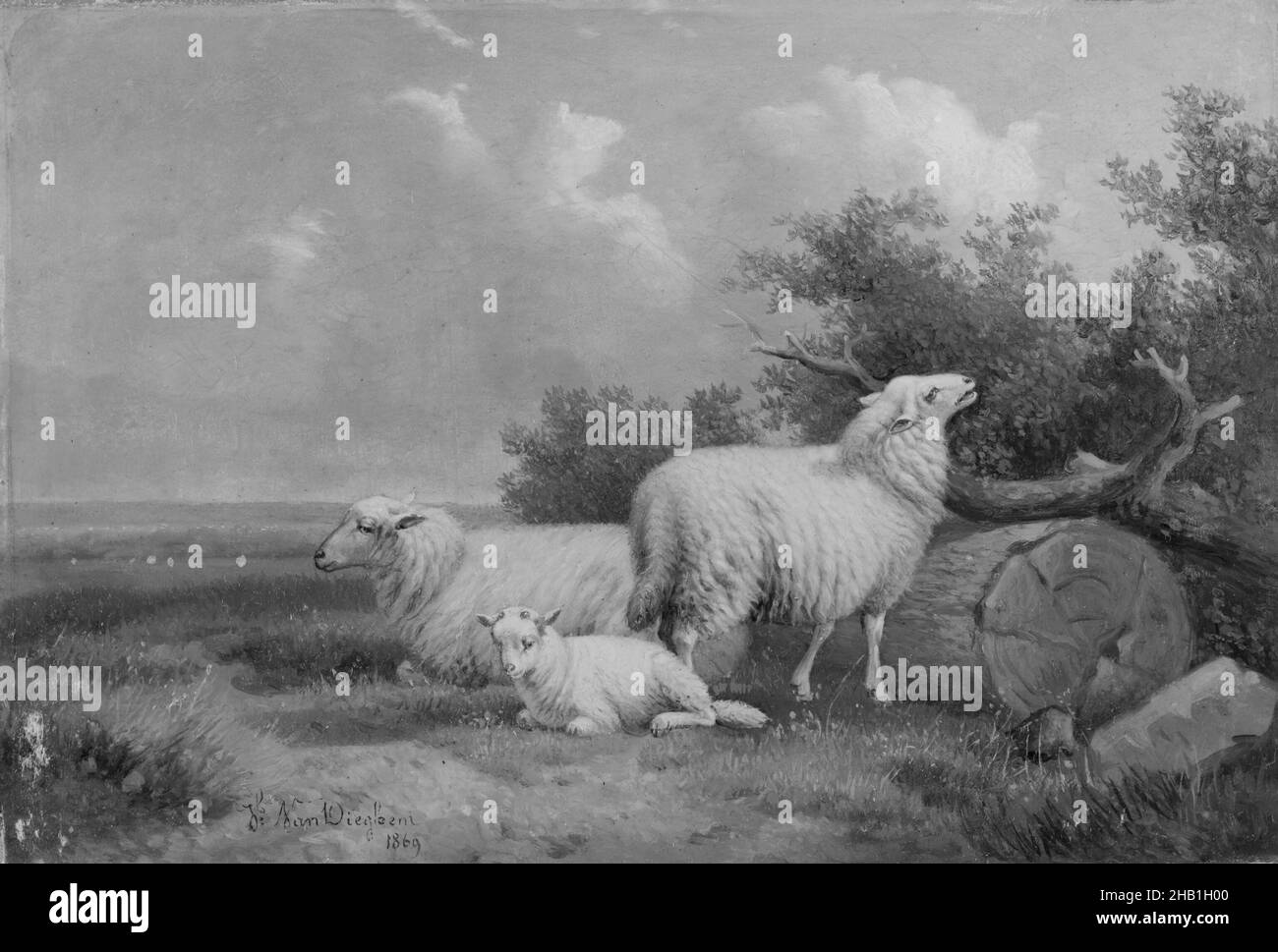 Sheep, Jacob van Dieghem, Belgian, 19th century, Oil on panel, Belgium,  1869, 6 9/16 x 9 1/2 in., 16.7 x 24.1 cm, belgian, clouds, field, lamb,  landscape, oil on panel, sheep, trees,