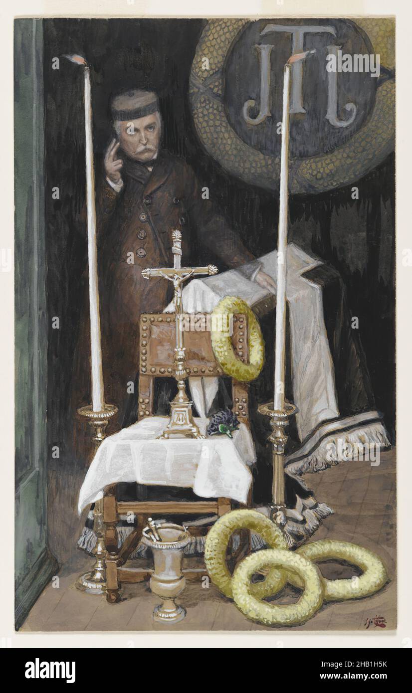 Portrait of the Pilgrim, Portrait du pèlerin, The Life of Our Lord Jesus Christ, La Vie de Notre-Seigneur Jésus-Christ, James Tissot, French, 1836-1902, Opaque watercolor over graphite on gray wove paper, France, 1886-1896, Image: 9 1/16 x 5 5/8 in., 23 x 14.3 cm, benediction, Bible, Biblical, catafalque, Christ, Christianity, eerie, european, french, james tissot, Jesus Christ, New Testament, Old Testament, Opaque watercolor over graphite on wove paper, Portrait du pèlerin, portrait of the pilgrim, religion, religious art, rings, tapers, wreaths Stock Photo