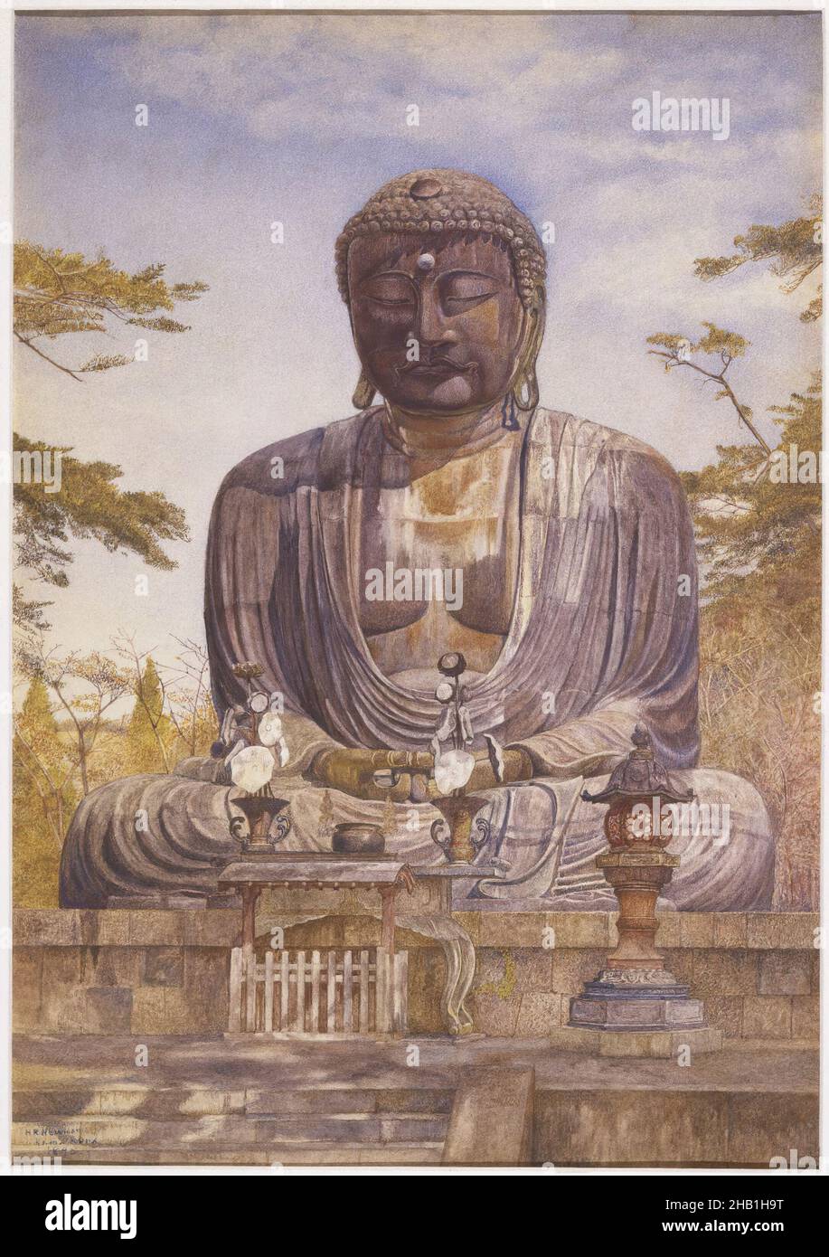 Daibutsu, Great Bronze Statue of Buddha at Kamakura, Japan, Henry Roderick Newman, American, 1843-1917, Watercolor and graphite on paper, 1898, 20 x 14 in., 50.8 x 35.6 cm, 19th Century, buddah, buddha, clouds, Japan, painting, painting of statue, seated, sky, somber, statue, watercolor, Watercolor and graphite on paper Stock Photo