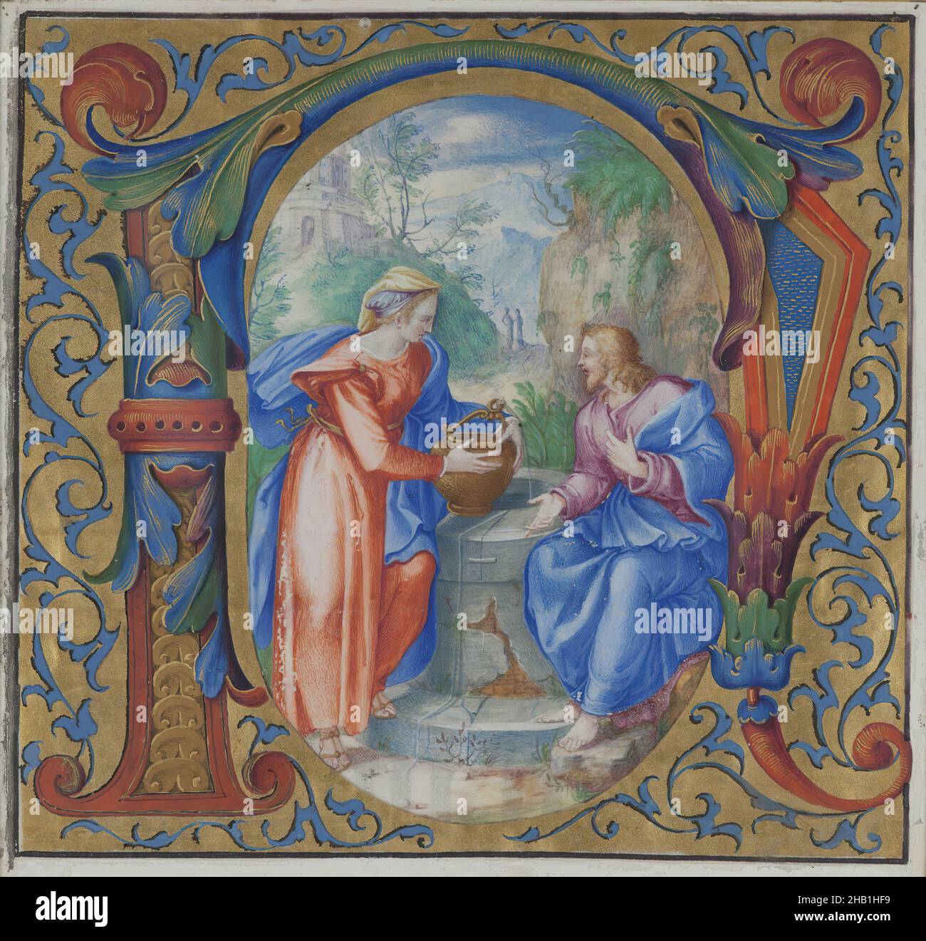 Two Manuscript Illuminations with Initials Mounted in One Frame:, N Christ and the Woman of Samaria at the Well and, L The Return of the Prodigal Son, Vellum, 16th century, 14 1/2 x 21 in., 36.8 x 53.3 cm, Bible story, Biblical, blue, calligraphy, capital, Christian, Christianity, color, Jesus, letter, ornate, parable, pattern, red, religion, religious, Saint Photine, script, scripture, scrolls Stock Photo