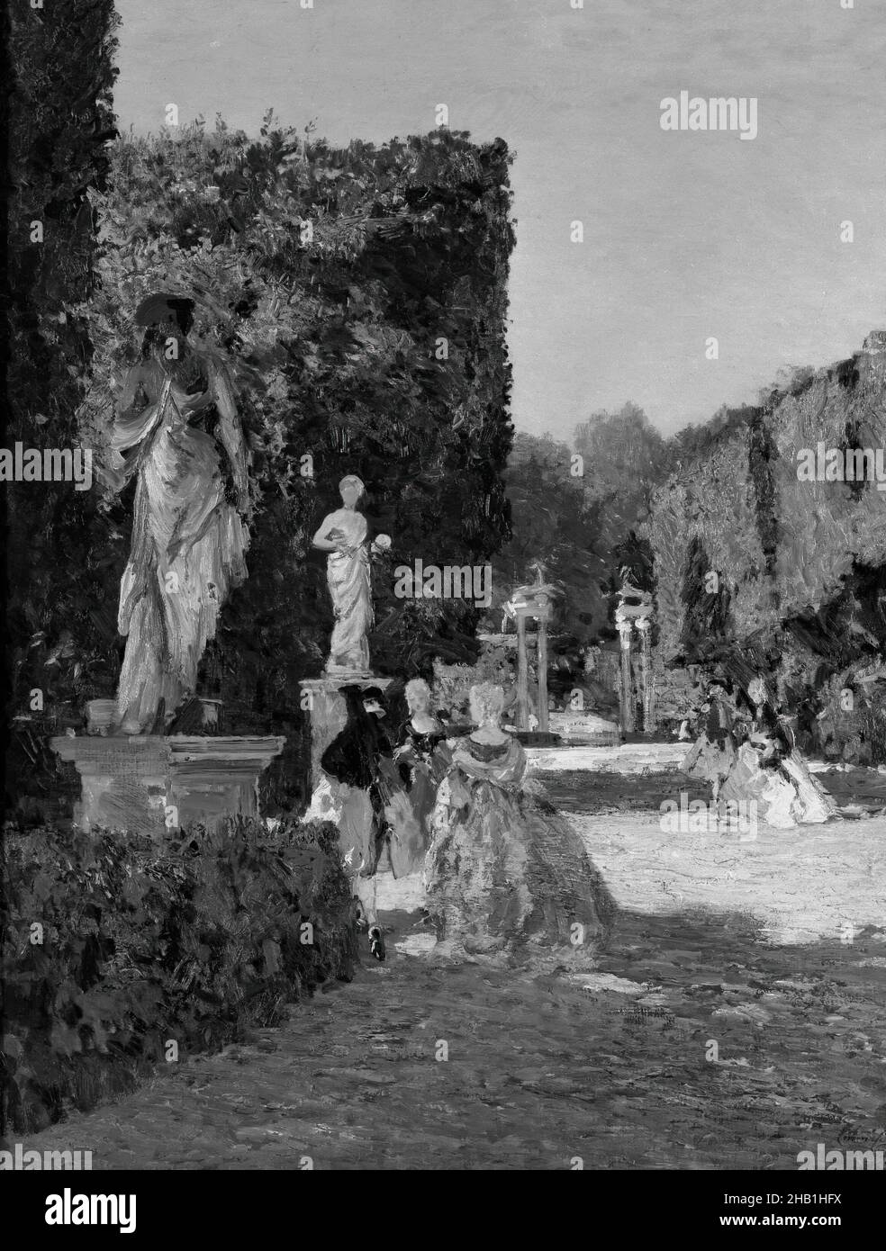Boboli Gardens, Emma Ciardi, Italian, 1879-1933, Oil on canvas, Italy, 1909, 33 1/4 x 26 1/4 in., 84.5 x 66.7 cm, beauty, elegance, Florence, Italy, garden, gentlemen, Healy, hedges, Italian, ladies, statues, visitors, woman artist Stock Photo