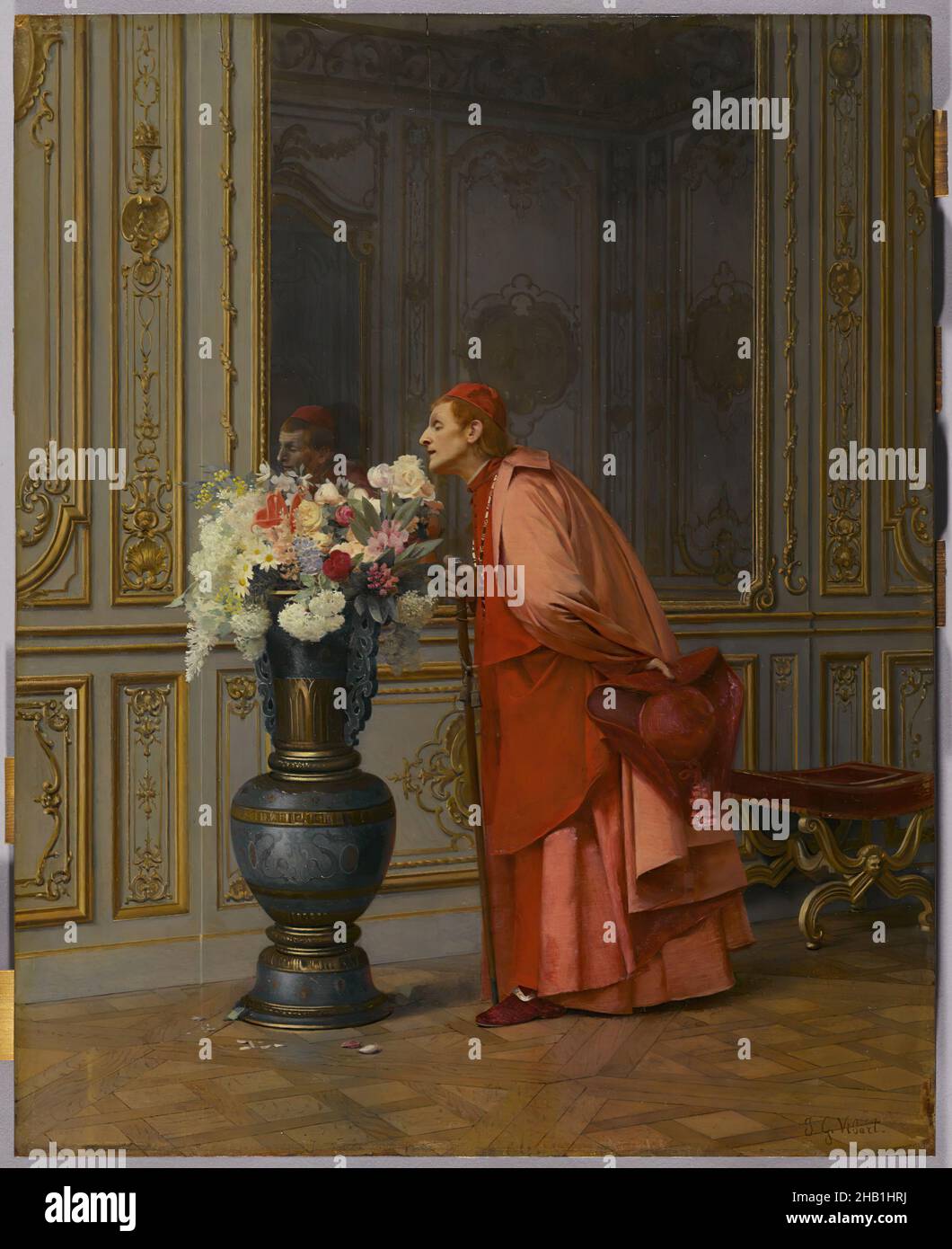 An Embarrassment of Choices, or A Difficult Choice, Un Embarras du Choix, Jehan-Georges Vibert, French, 1840-1902, Oil on panel, France, before 1873, 18 1/8 x 14 1/8 in., 46 x 35.9 cm, 1873, action, anti-Catholic, anti-clerical, aroma, bouquet, cardinal, choice, classic, clergy, European, fleur, flowers, fragrant, freeze, french, glace, hat, interior, Jehan-Georges, man, mirror, mocking, moment, oil, ornate, painting, palace, panel, parquetry, people, red, red robe, reflection, religious, robes, Rococo revival, satire, scarlet, smell, smelling, sniffing, urn, vase, Vibert, x-ray Stock Photo