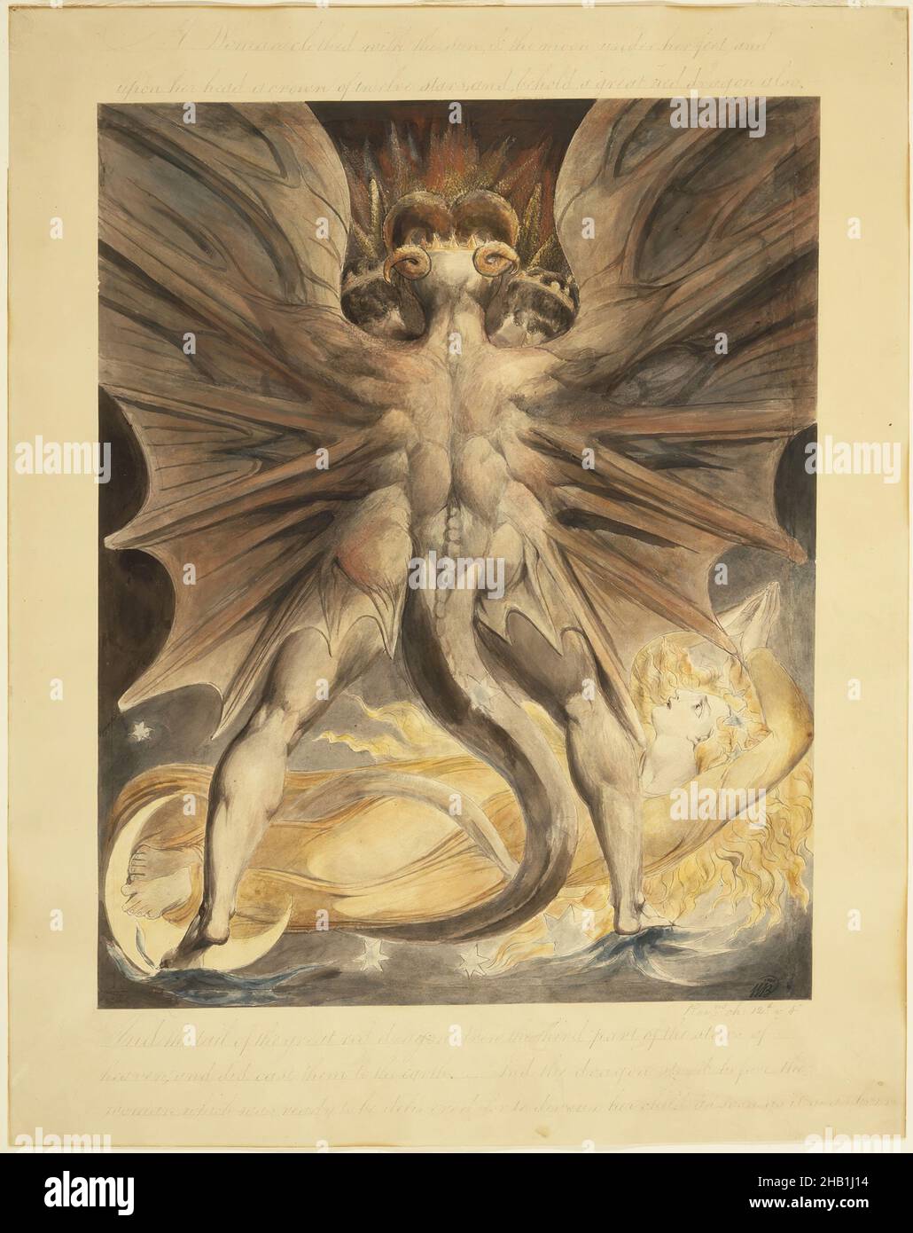 The Great Red Dragon and the Woman Clothed with the Sun, Rev. 12: 1-4, William Blake, British, 1757-1827, Black ink and watercolor over traces of graphite and incised lines on wove paper, England, ca. 1803-1805, Image: 17 3/16 x 13 11/16 in., 43.7 x 34.8 cm, apocalypse, blake, Book of Revelation, british, Christianity, crown, demon, end time, eschatology, female figure, Good and Evil, Great Red Dragon, Hannibal Lecter, horns, John, monster, musculature, prophecy, Religion, Revelations, Satan, scary, symbolic, symbolism, tail, Thomas Harris, vision, wings Stock Photo