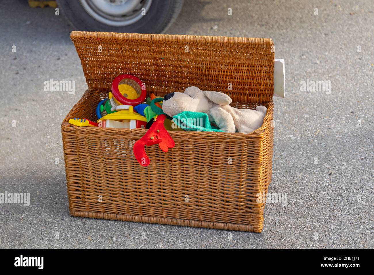 Open Wicker Basket Chest With Kids Toys Stock Photo Alamy
