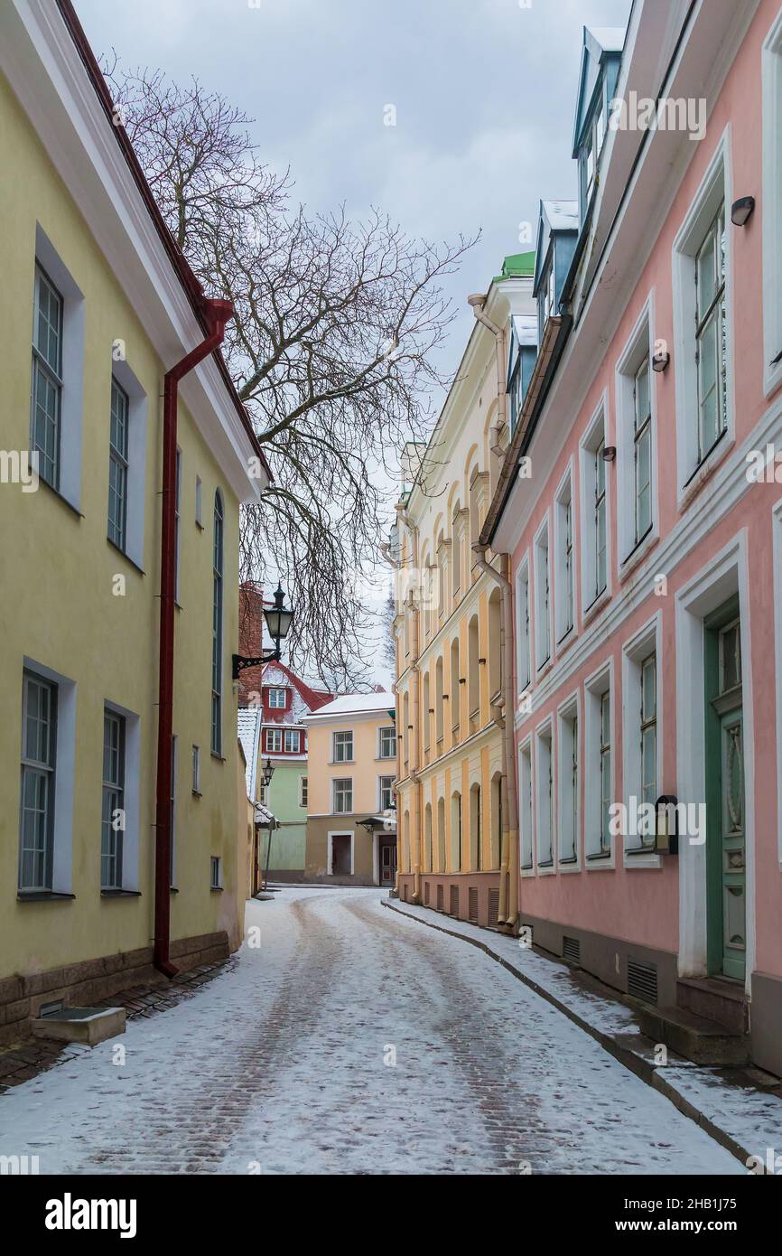 Perspective view of buildings on the Vaike Kloostri Street in overcast winter day, Tallinn Old Town, Estonia Stock Photo