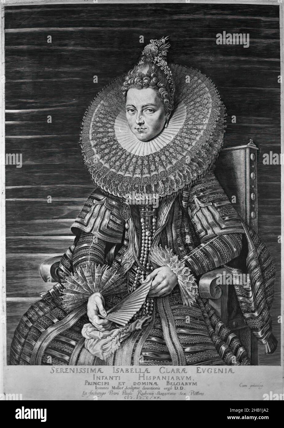 Isabella Clara Eugenia, Infanta of Spain, Jan Muller, Dutch, 1571-1628, Engraving on laid paper, 1615, 16 7/16 x 11 9/16 in., 41.8 x 29.4 cm, elite, historic person, historical painting, royal, ruler, wealth Stock Photo