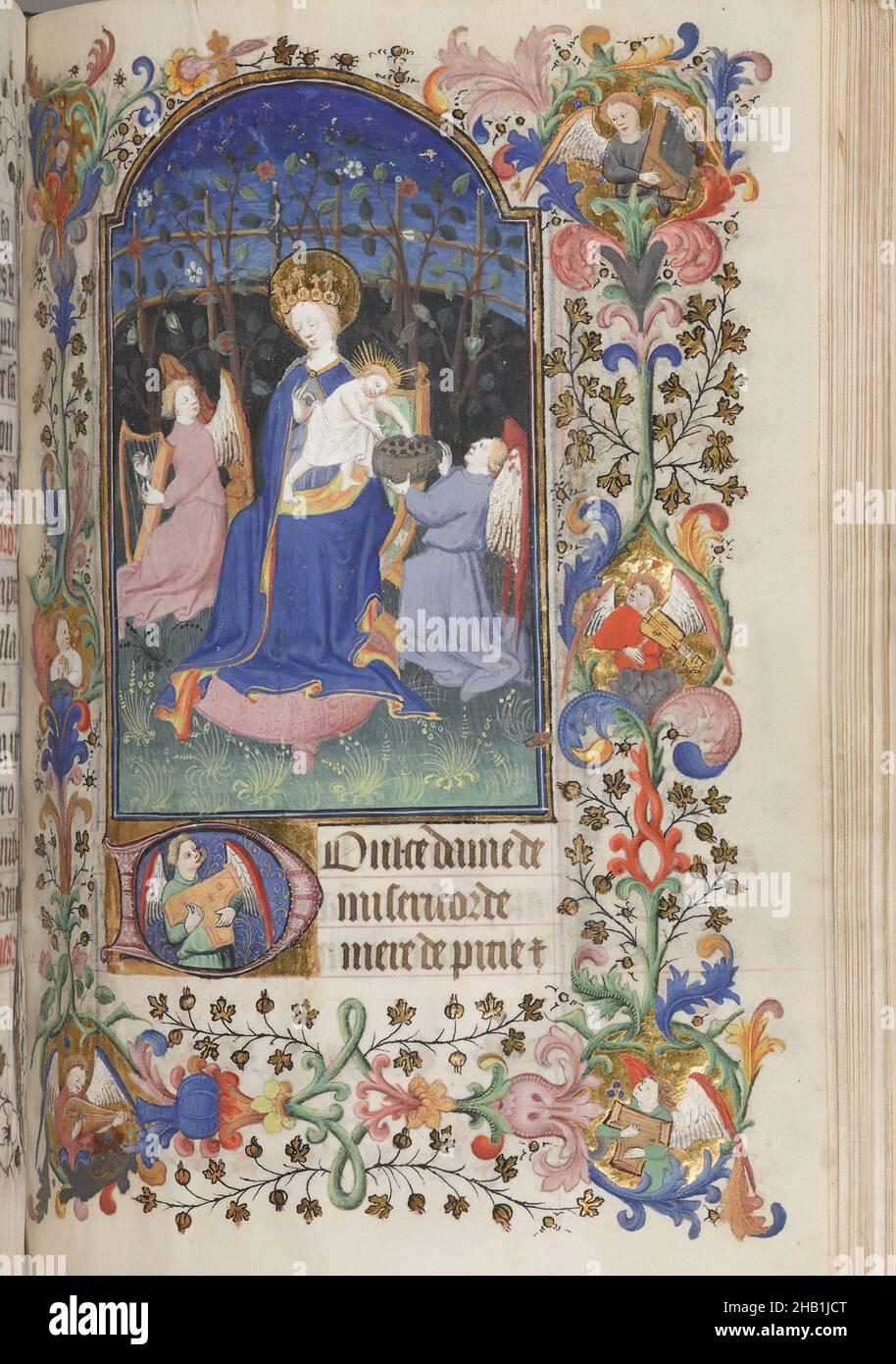 Horae Beatae Mariae Virginis, Manuscript in opaque watercolor and ink with gold, ca. 1425-1460, book: 8 × 5 3/4 × 2 3/8 in., 20.3 × 14.6 cm, Book of Hours, calligraphy, Catholic, Christian, Gothic, holy, illumination, Latin, manuscript, medieval, Religion, script, scripture, Virgin Mary Stock Photo