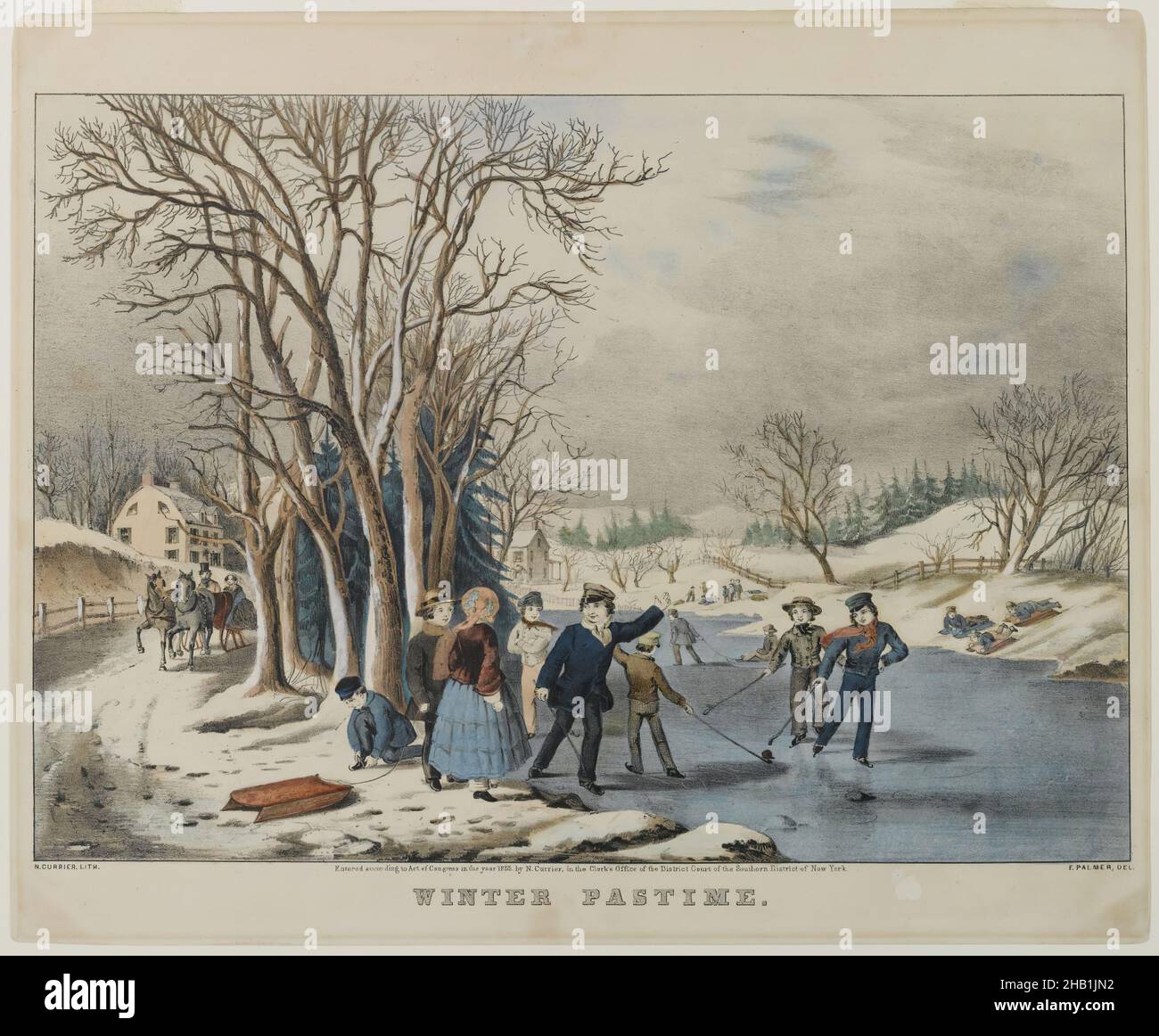 Winter Pastime, Hand-colored lithograph on wove paper, 1855, 10 3/8 x 14 3/4in., 26.4 x 37.5cm, American, Americana, Carriage, Folksy, Fun, Games, Hockey, Horse, Landscape, Leisure, Nostalgia, Rural, Sledding, Snow, Winter Stock Photo
