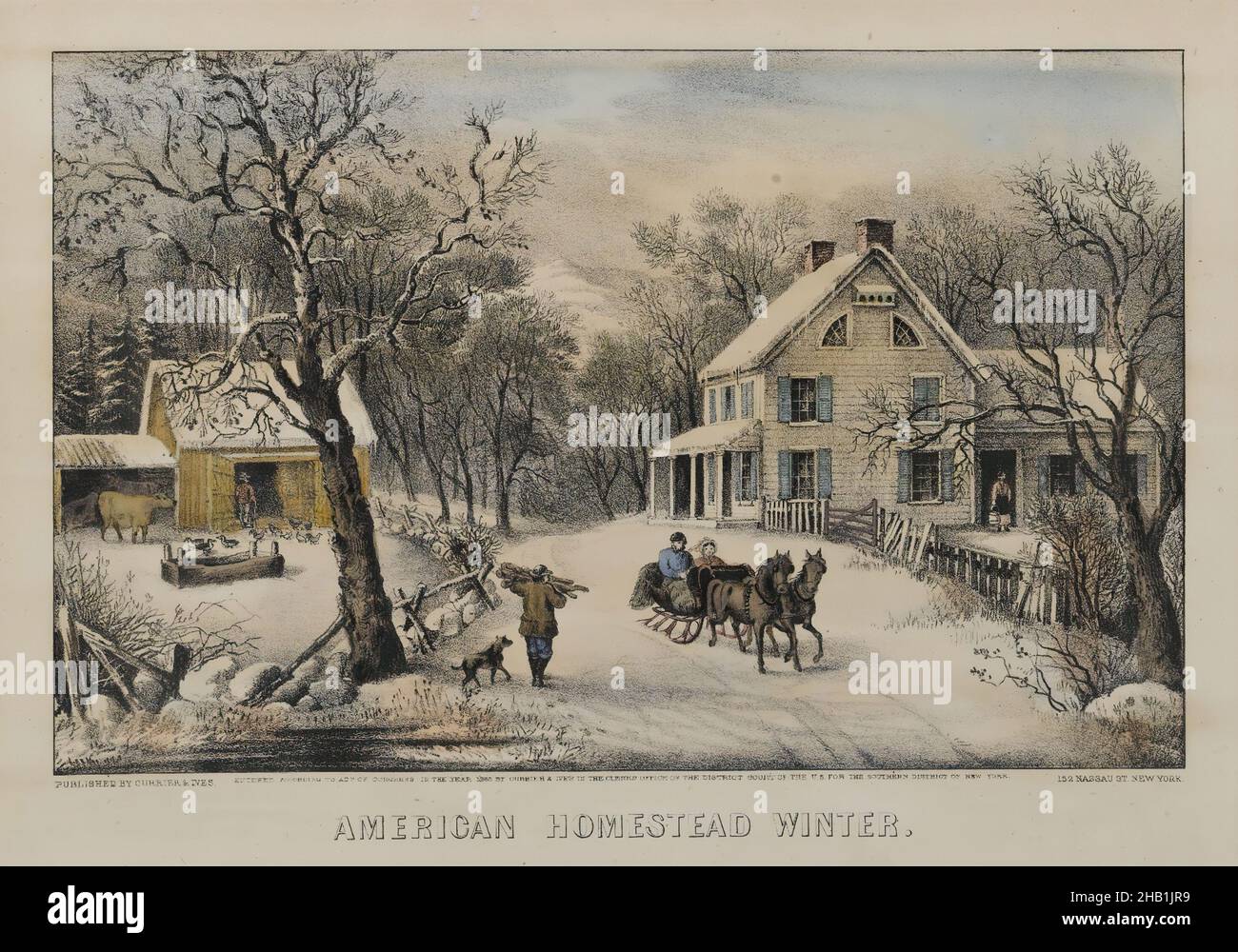 American Homestead Winter, Currier & Ives, American, Hand-colored lithograph on wove paper, 1868-1869, Sheet: 9 3/4 x 13 13/16 in., 24.8 x 35.1 cm, American, Americana, chores, country scene, dog and master, firewood, good old days, horse drawn sled, Nostalgia, Nostalgic, old fashioned, Rural, sleigh, snow scene, transportation, village, WInter, winter scene Stock Photo