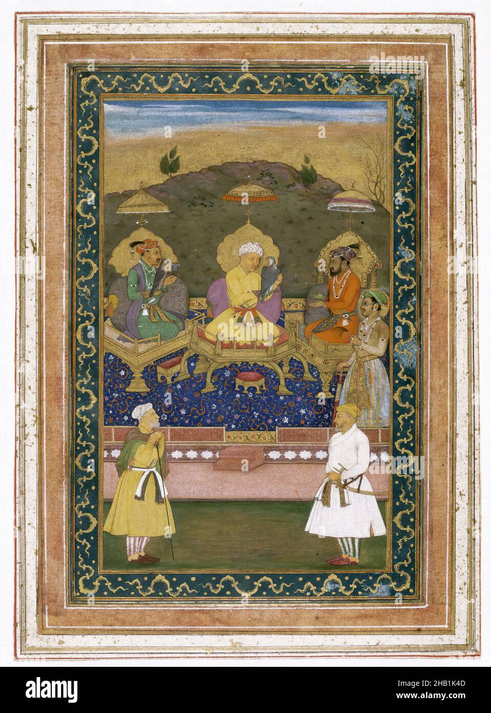 The Emperors Akbar, Jahangir, and Shah Jahan with Their Ministers and Prince Dara Shikoh, Chitaraman, Indian, Opaque watercolor and gold on paper, India, ca. 1630-1640, Mughal Dynasty, 22 x 32 in., 55.9 x 81.3 cm, bekar, court, dara, falcon, hunters, Indian art, painting, power, royal, rulers, shikoh Stock Photo