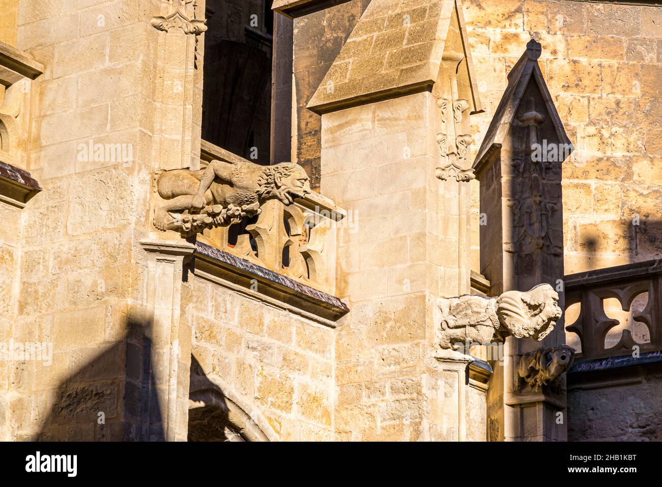 Gargoyles on the facade of the Cathédrale Saint-Just et Saint-Pasteur in Narbonne, France. The Cathedral with transept & 40m-high choir and tapestries was constructed 1272-1340, but never completed Stock Photo