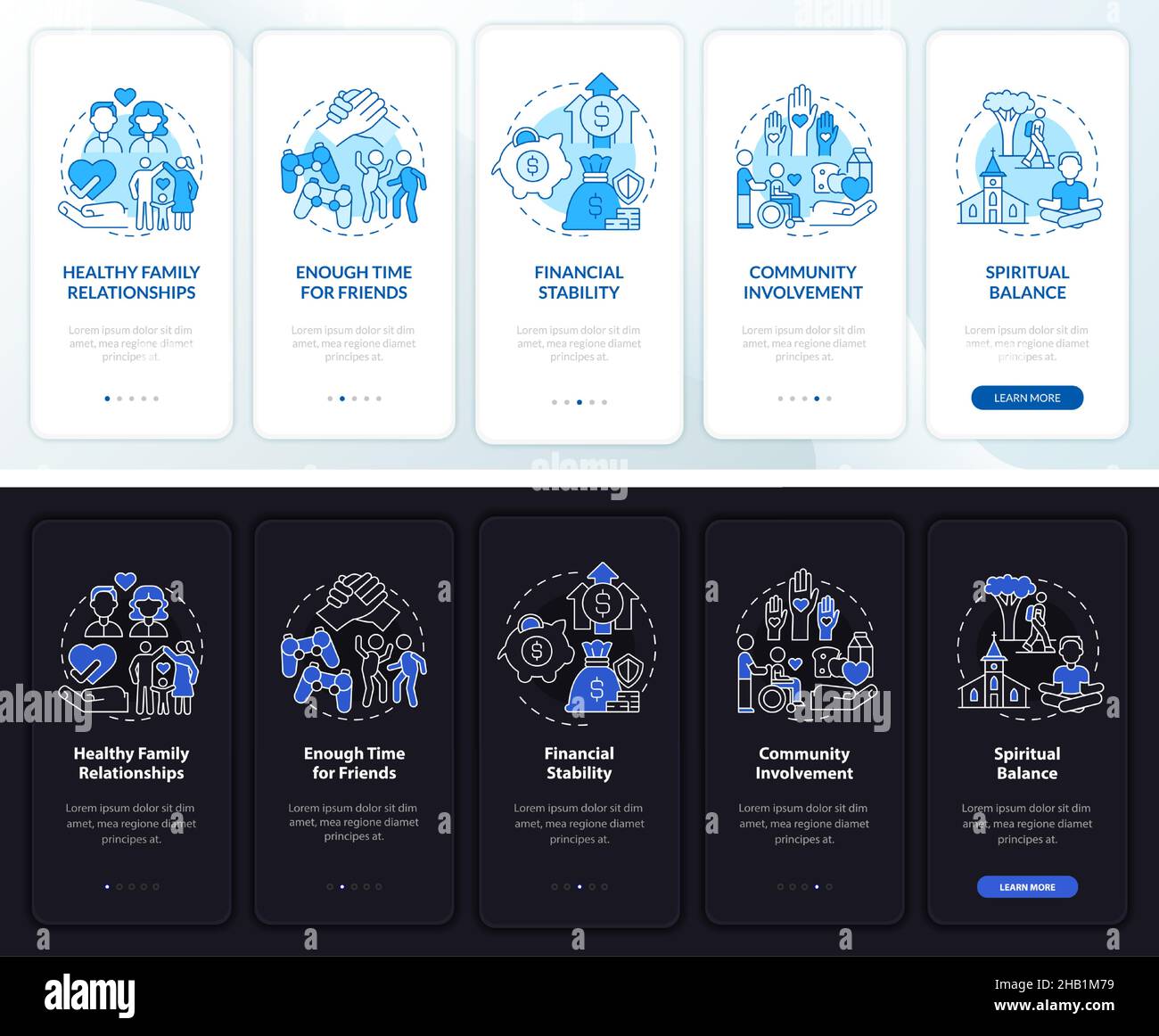Balanced life signs night and day mode onboarding mobile app screen ...
