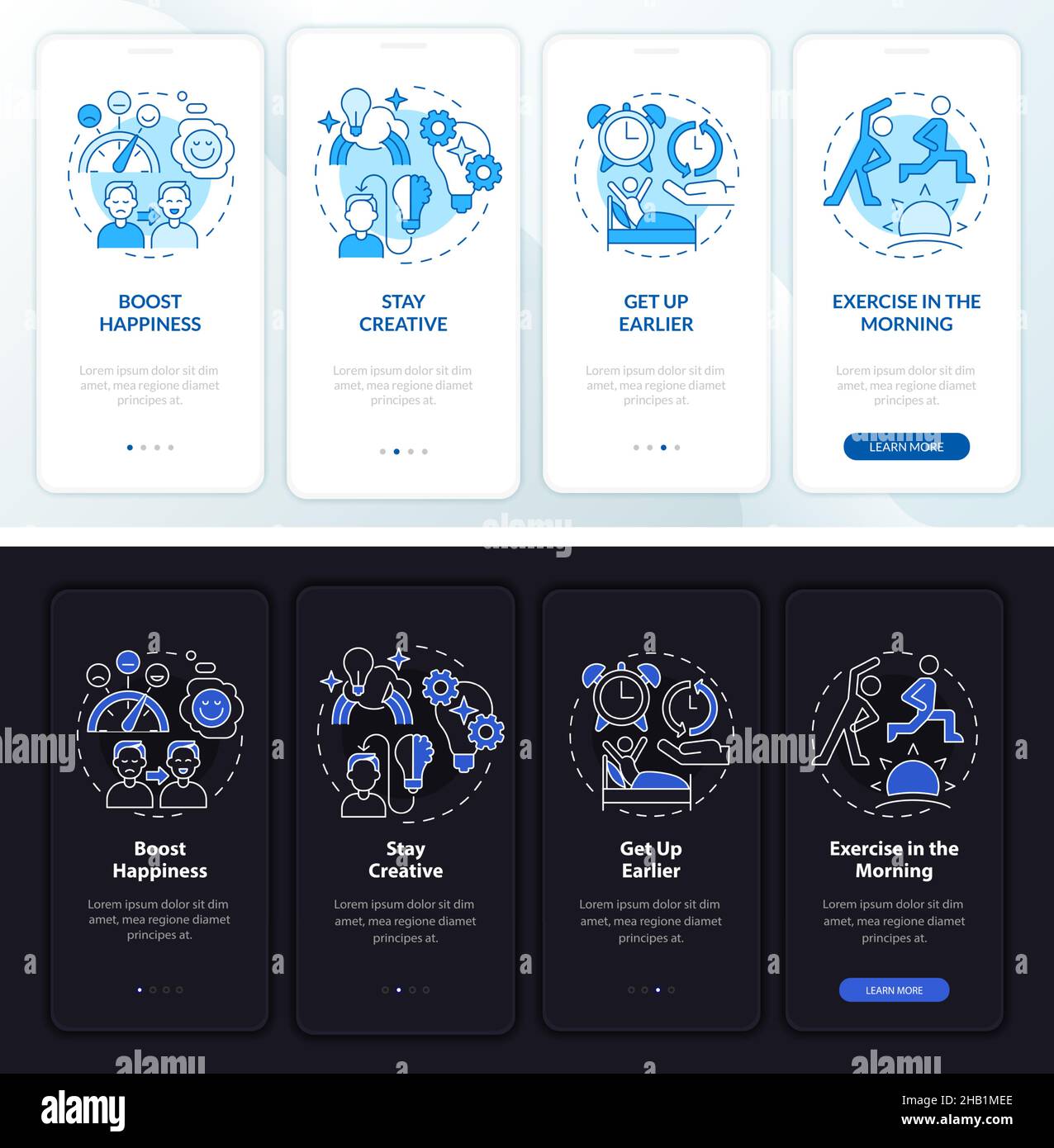 Balanced life idea night and day mode onboarding mobile app screen ...