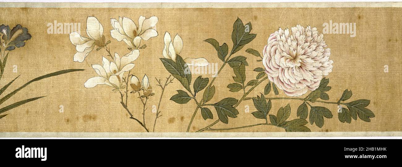 One Hundred Flowers, Chen Jiayan, Chinese, 1539-1623 or later, Color on silk, China, dated 1629, Ming Dynasty, Chongzhen Period, 10 x 10 3/8in., 25.4 x 26.4cm, apple blossom, begonia, botanical, branch, cherry blossom, chrysanthemum, chrysanthemums, decor, flora, floral, iris, leaves, magnolia, morning glory, mums, nature study, orchid, peony, plant, rose, scroll, vine Stock Photo