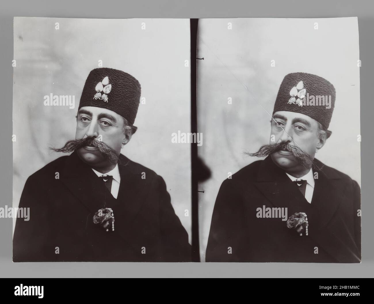 A Double Portrait of Mozaffar al-Din Shah, One of 274 Vintage Photographs, Gelatin silver printing out paper, late 19th-early 20th century, Qajar, Qajar Period, 4 7/16 x 6 1/4 in., 11.2 x 15.9 cm, 19th century, government, leader, Middle East, moustache, photograph, portrait, Shah, stereo card Stock Photo