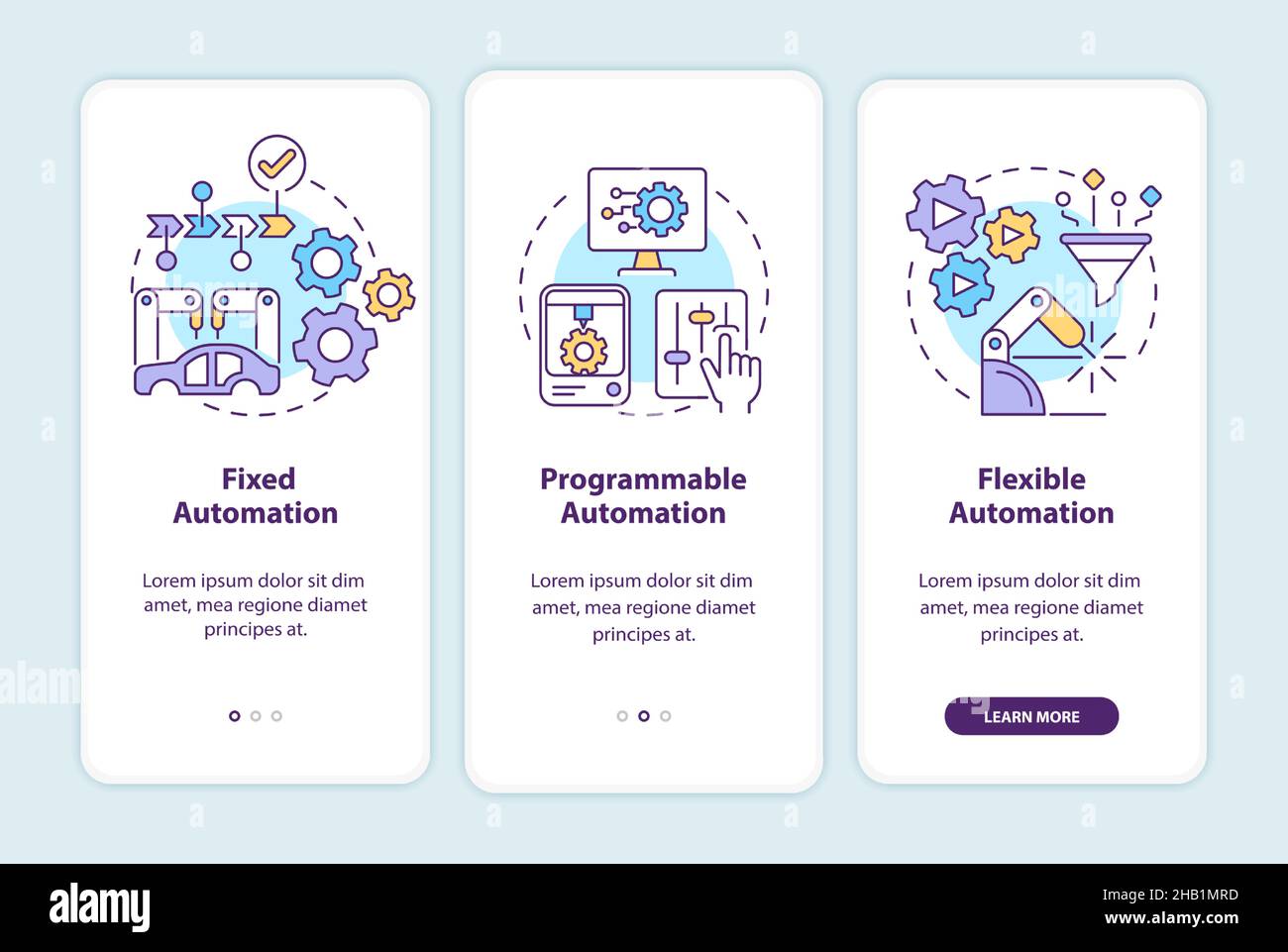 Automation types onboarding mobile app screen Stock Vector