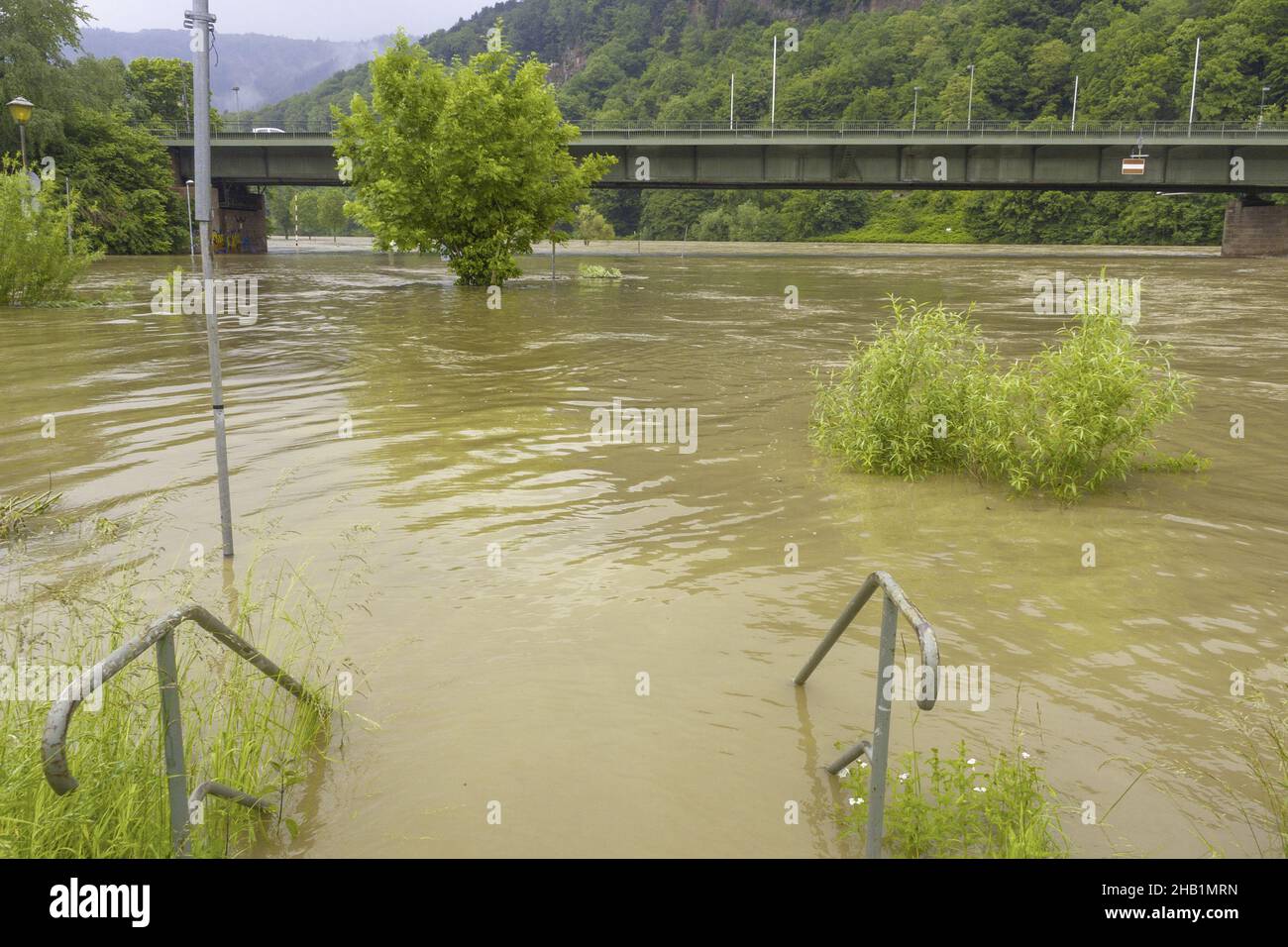 flood due to heavy rainfall at Neckargemund at the Neckar river in southern Germany Stock Photo