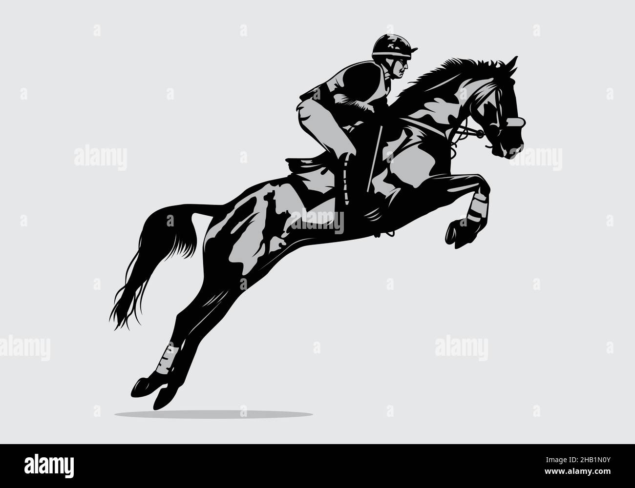 Vector illustration of race horse with jockey. black isolated silhouette on light gray background. Equestrian competition logo. Stock Vector