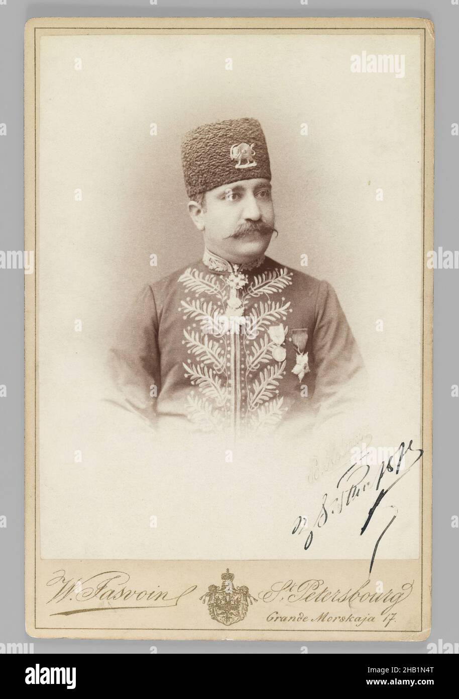 One of 274 Vintage Photographs, Gelatin silver printing out paper, 1875, Qajar, Qajar Period, Photo: 5 1/2 x 4 in., 13.9 x 10.1 cm;, cartes de visite, military, moustache, photograph, photography, Qajar, Russia, St. Petersburg Stock Photo