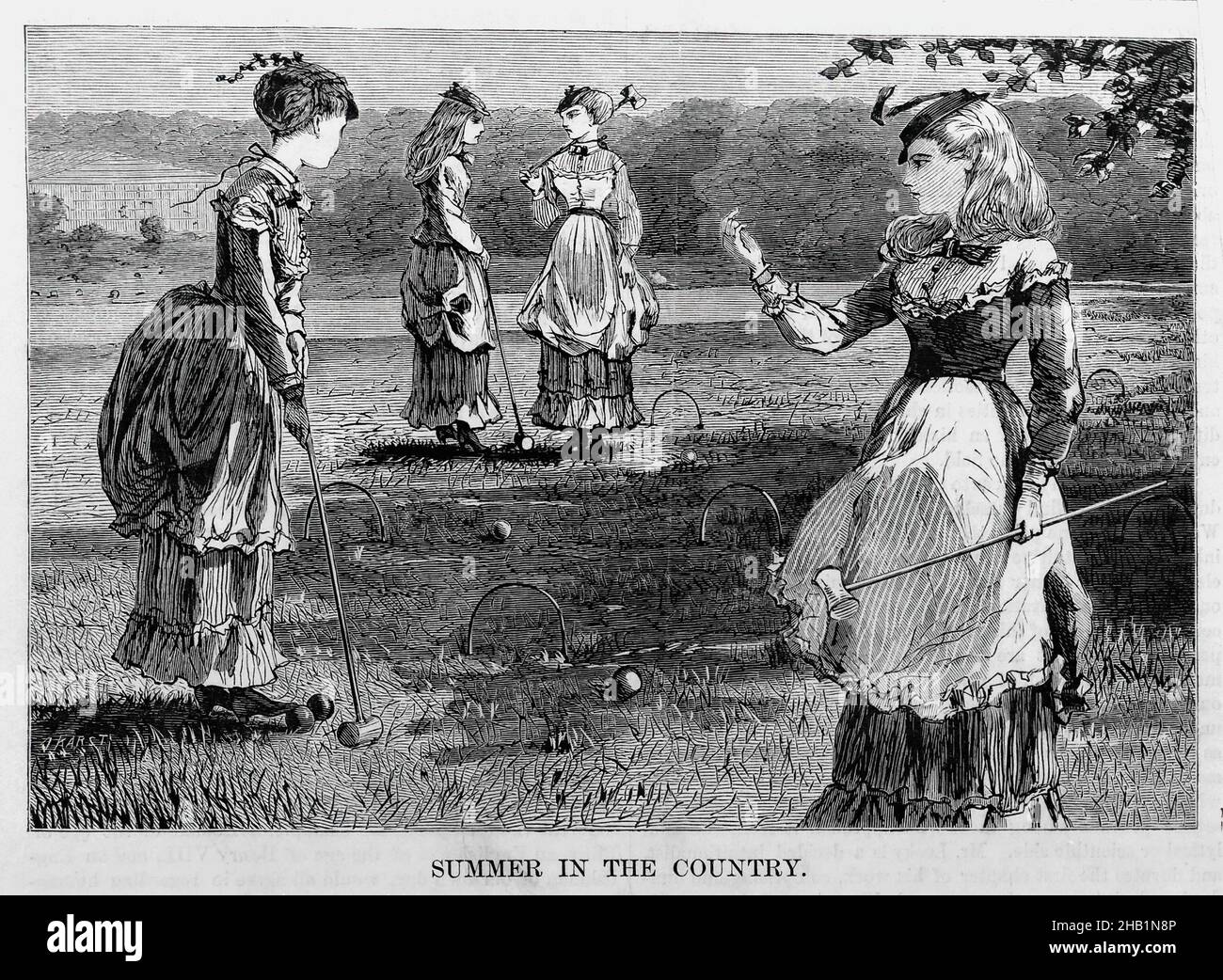 Summer in the Country, Winslow Homer, American, 1836-1910, Wood engraving, 1869, Image: 4 1/2 x 6 1/2 in., 11.4 x 16.5 cm, 1860s, American, Americana, ball, by-gone era, competitive, Country, croquet, engraving, Female, figures, frocks, Game, Homer, Ladies, Lady, leisure, nostalgic, outdoors, petticoats, play, Polo, print, recreation, sport, summer, Victorian, wicket, Women, Wood, wood engraving Stock Photo