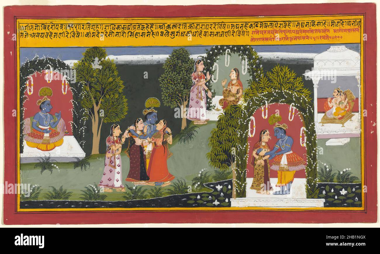 Kama and Rati Witness the Reunion of Krishna and Radha, Page from a Gita Govinda Series, Indian, Opaque watercolor and gold on paper, Rajasthan, India, 1714, sheet: 10 x 16 15/16 in., 25.4 x 43.0 cm;, blue-skin, bower, colourful, conversation, epic, gods, Hindu, India, Krishna, lovers, painting, paper, proceedings, Radha, religion, reunite, storytelling, talk, talking, trees, watching, watercolor, woman, women Stock Photo