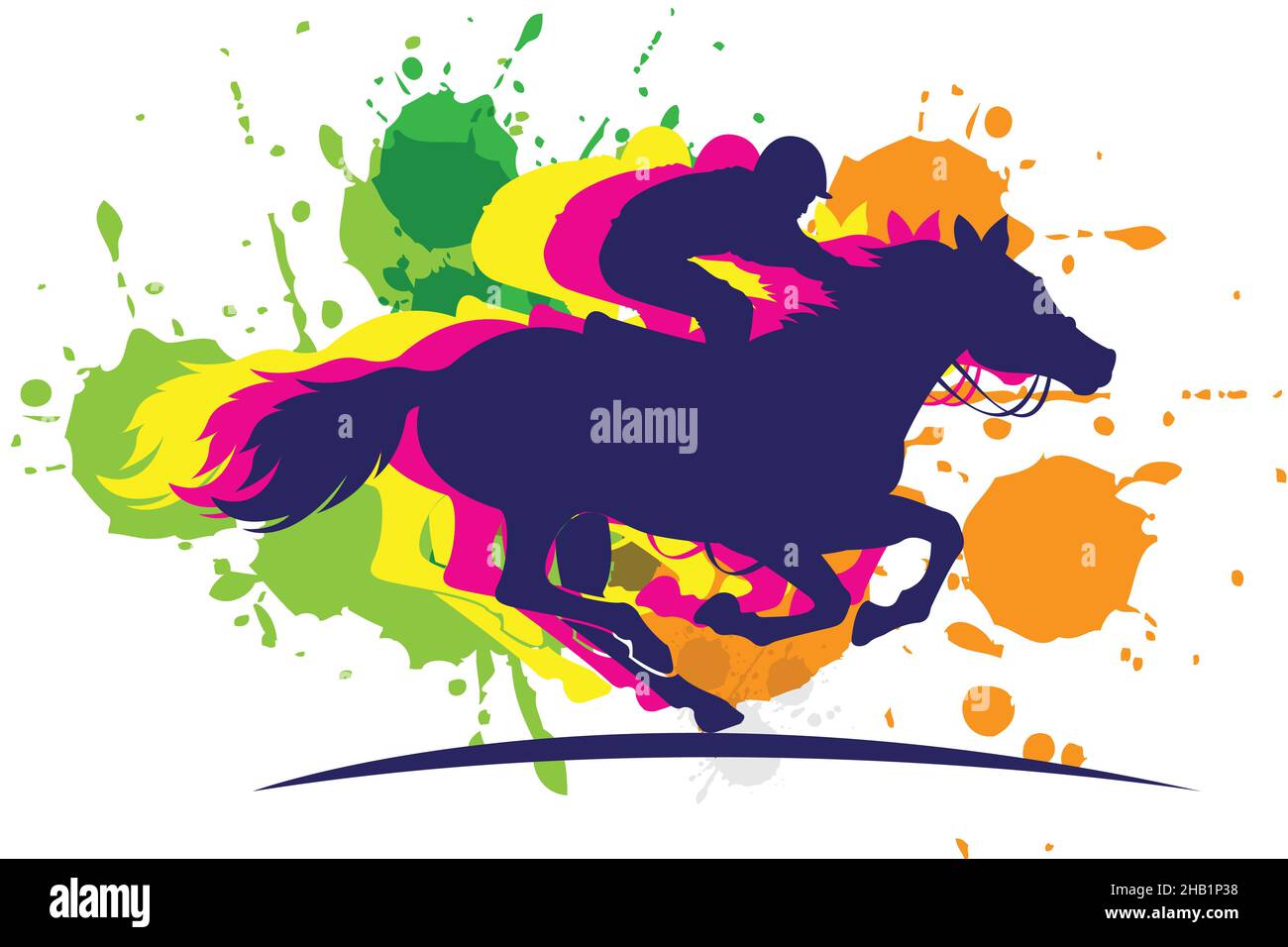 Vector illustration of race horse with jockey. black isolated silhouette on light gray background. Equestrian competition logo. Stock Vector