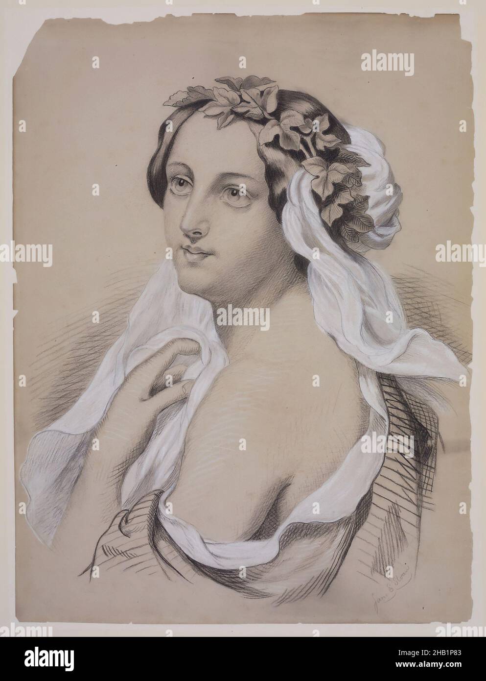 Portrait of a Woman Adorned with a Wreath of Leaves, Jane E. Sloan, White chalk and black media, probably oil pastel or conté over graphite on wove paper drymounted to a matboard backing, 19th century, Sheet: 18 x 13 1/2 in., 45.7 x 34.3 cm, 19th Century, beauty, female, flowing, gaze, head wreath, innocent, painting, portrait, shoulder, woman artist Stock Photo