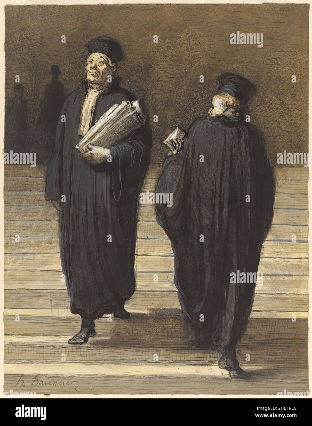 The Two Colleagues, Lawyers, Les deux confrères [Avocats], Honoré Daumier, French, 1808-1879, Opaque and transparent watercolor, black ink, and charcoal on wove paper, France, 1865-1870, sheet: 10 × 7 13/16 in., 25.4 × 19.8 cm, amusing, caricature, class, daumier, french, funny, humor, lawyer, uniform Stock Photo