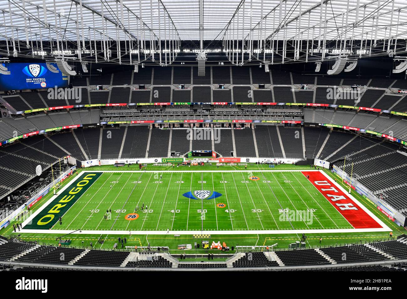Panoramic view of Pac-12 Championship Game stadium and field before the clash between the Oregon Ducks and Utah Utes on Dec 3, 2021 at Allegiant Stadi Stock Photo